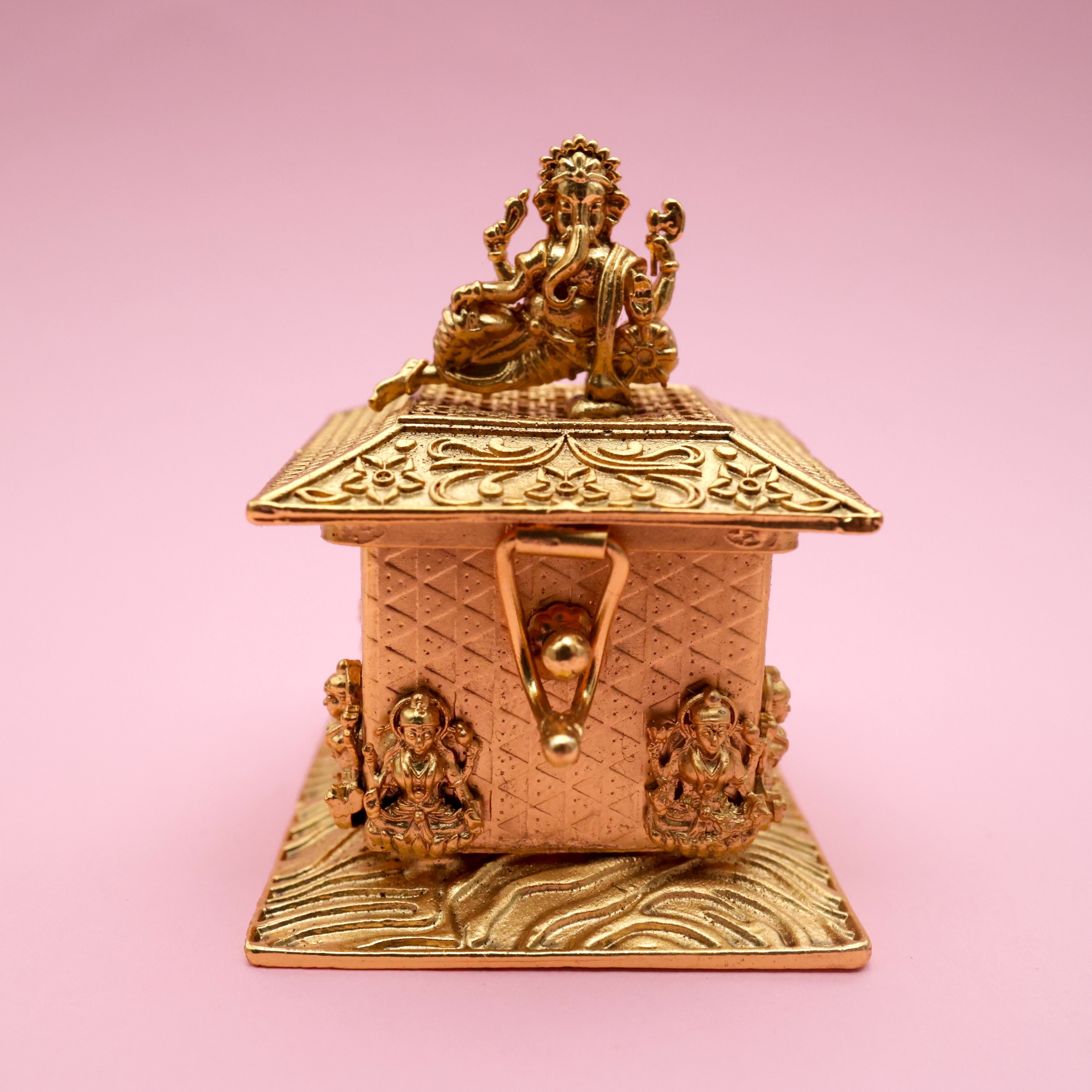 Antique Gold Premium Lakshmi Ganesha Square Kumkum Box - Sindoor Dabbi