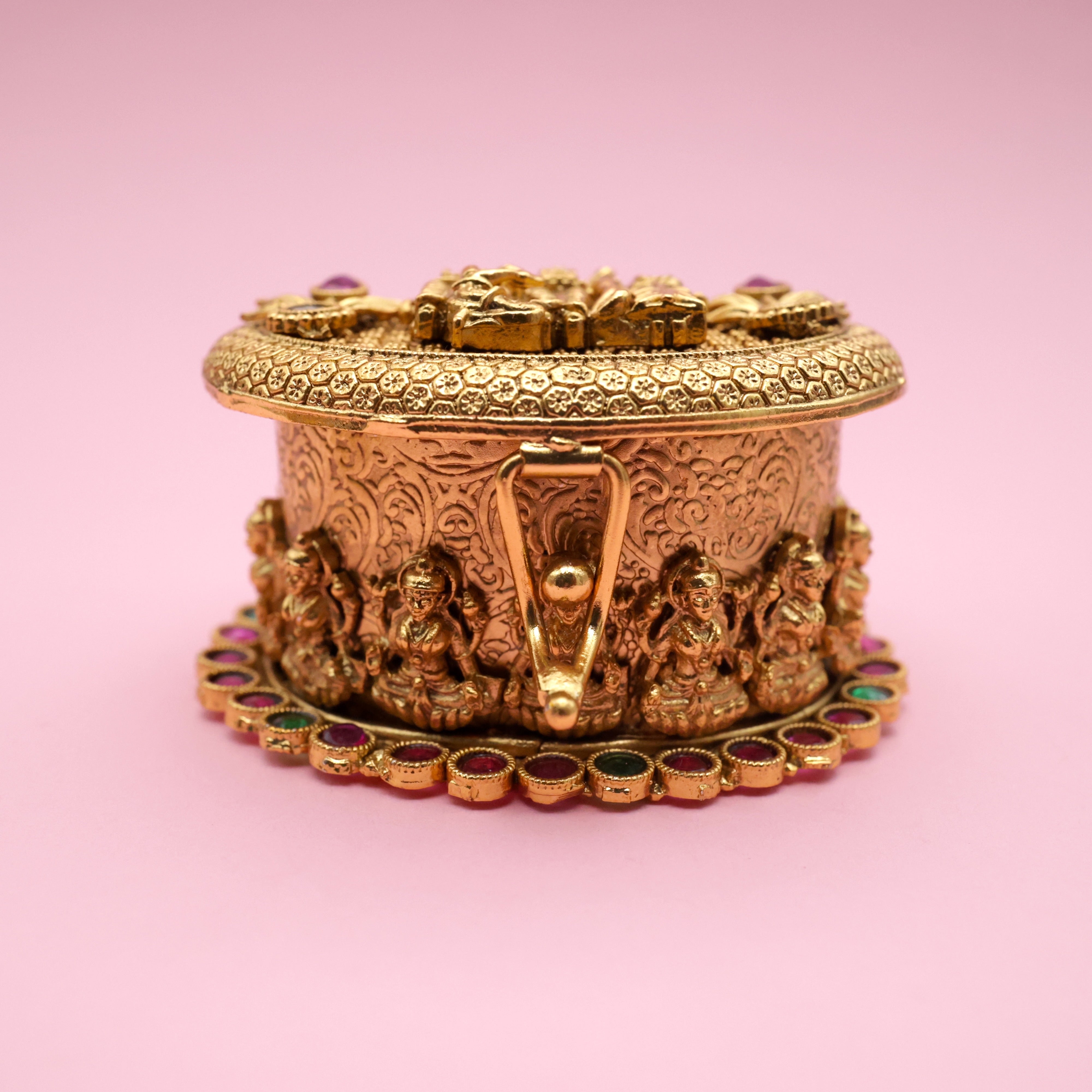 Antique Gold Kemp Ram Parivar Haldi/Kumkum Box - Sindoor Dabbi