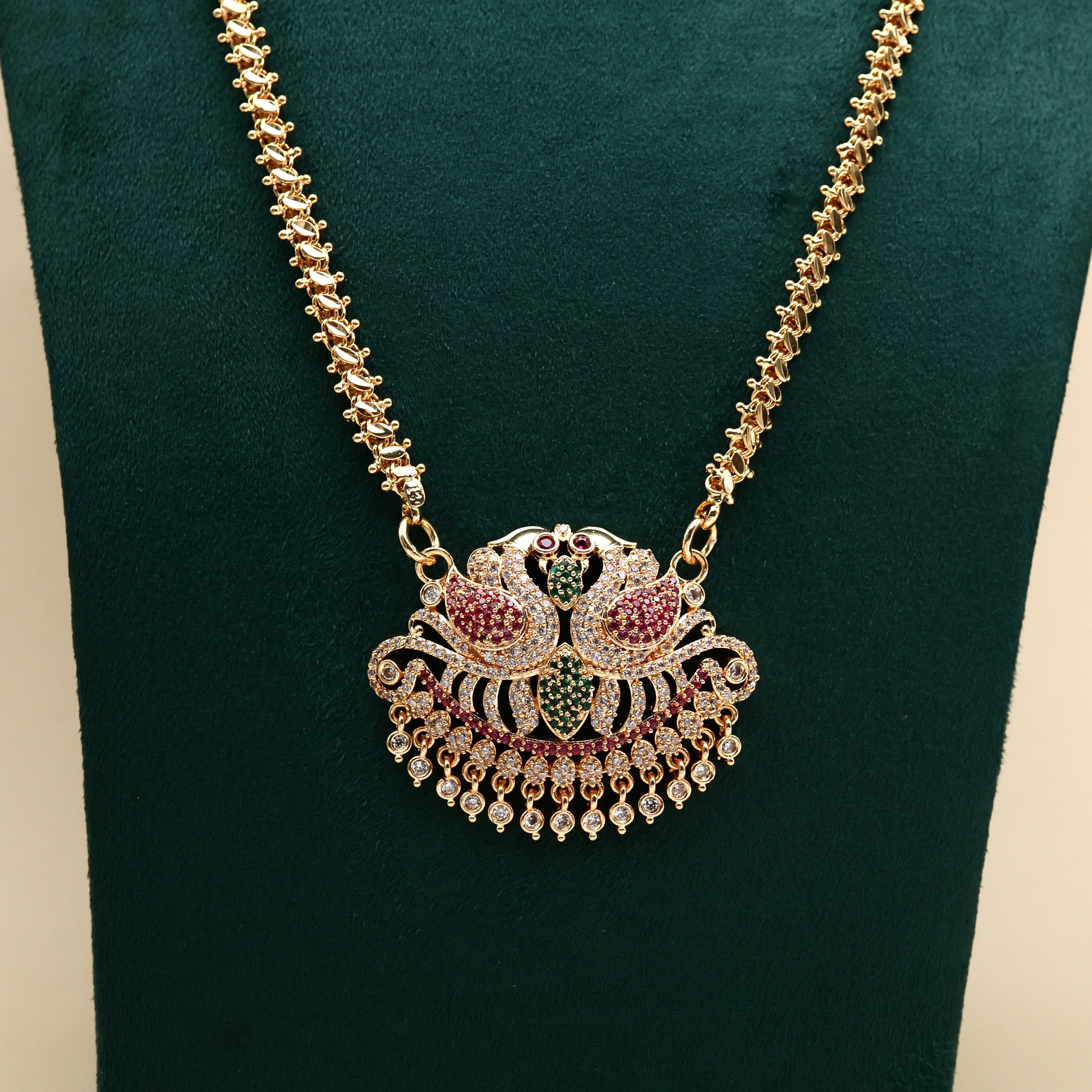 REAL GOLD TONE TRADITIONAL RETTAPAKSHI ANNAM PENDANT CHAIN - 30 INCHES