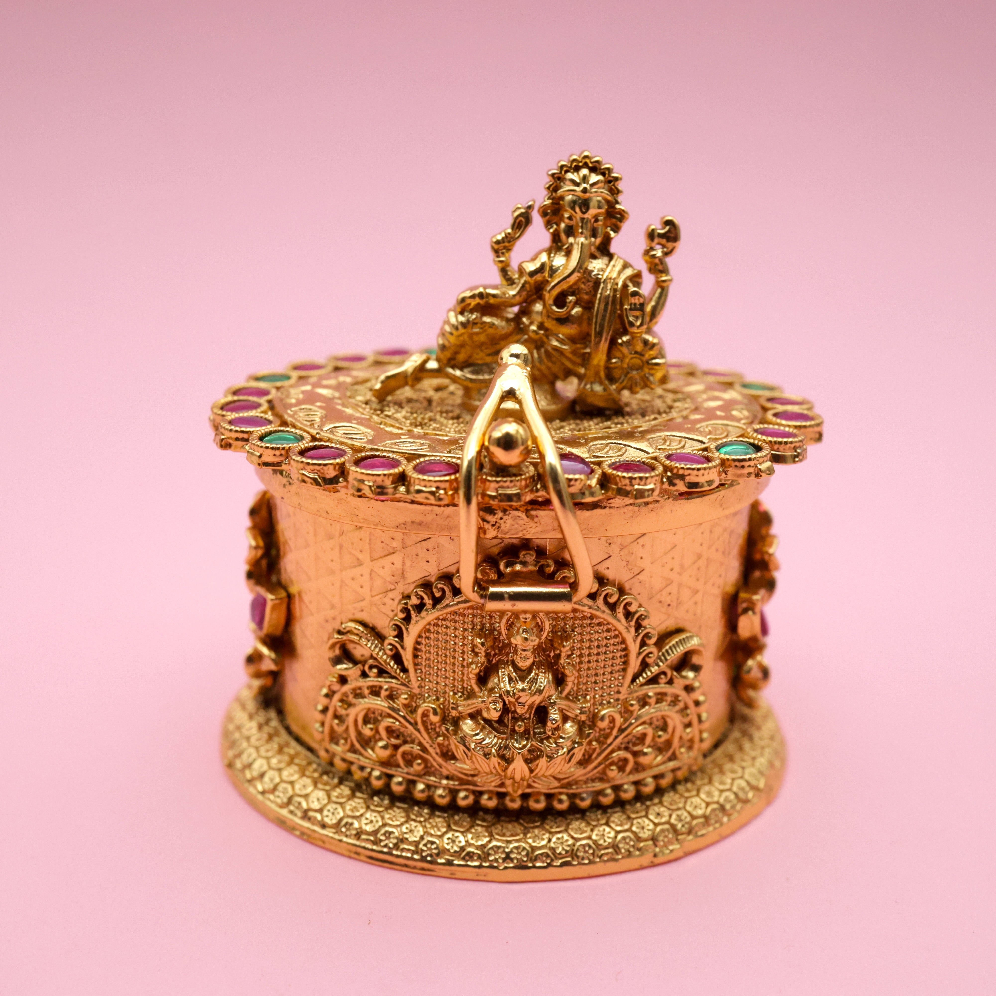 Antique Gold Raj Ganesha Kumkum Box - Sindoor Dabbi