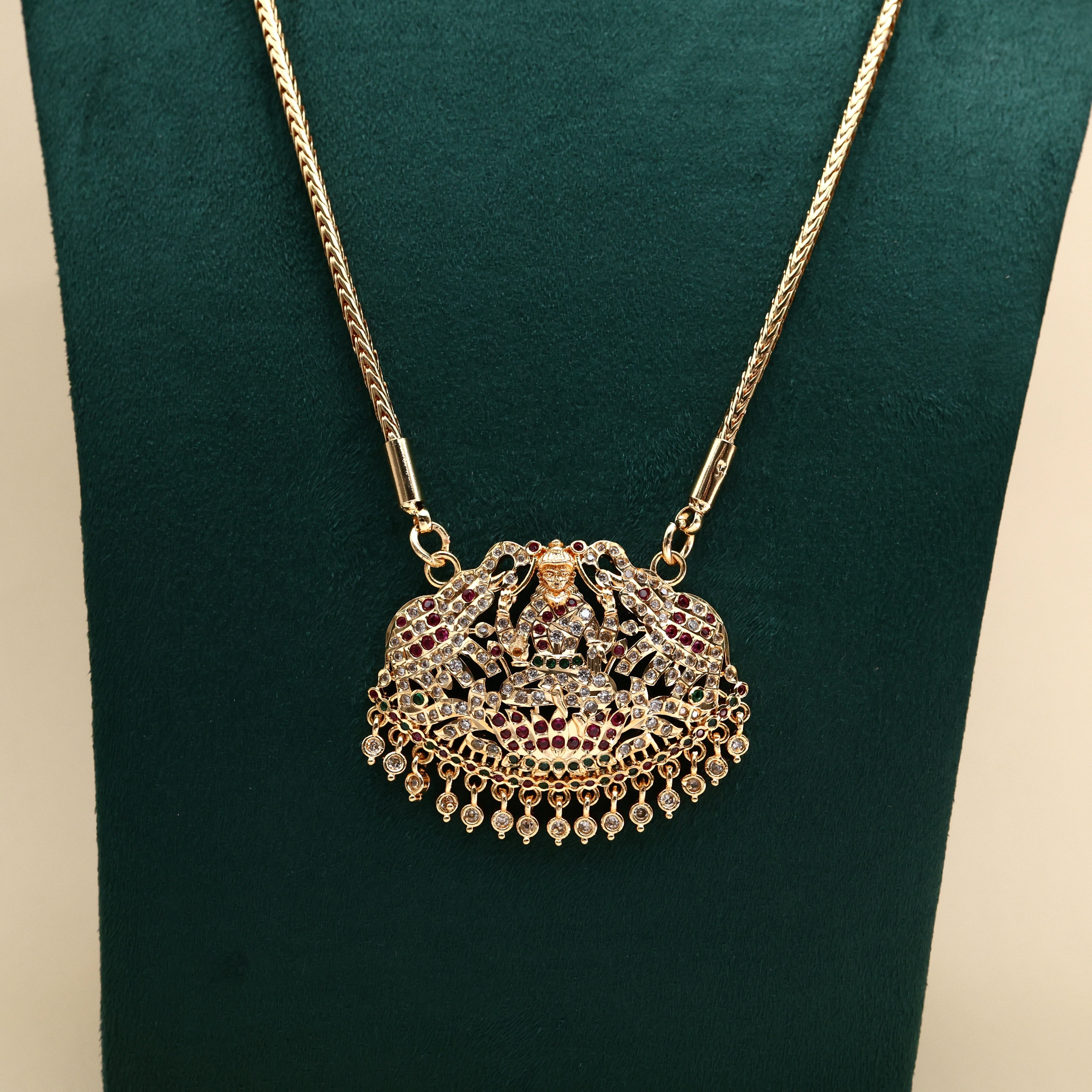 Real Gold Tone Traditional Mahalakshmi Pendant Chain - 30 Inches Chain