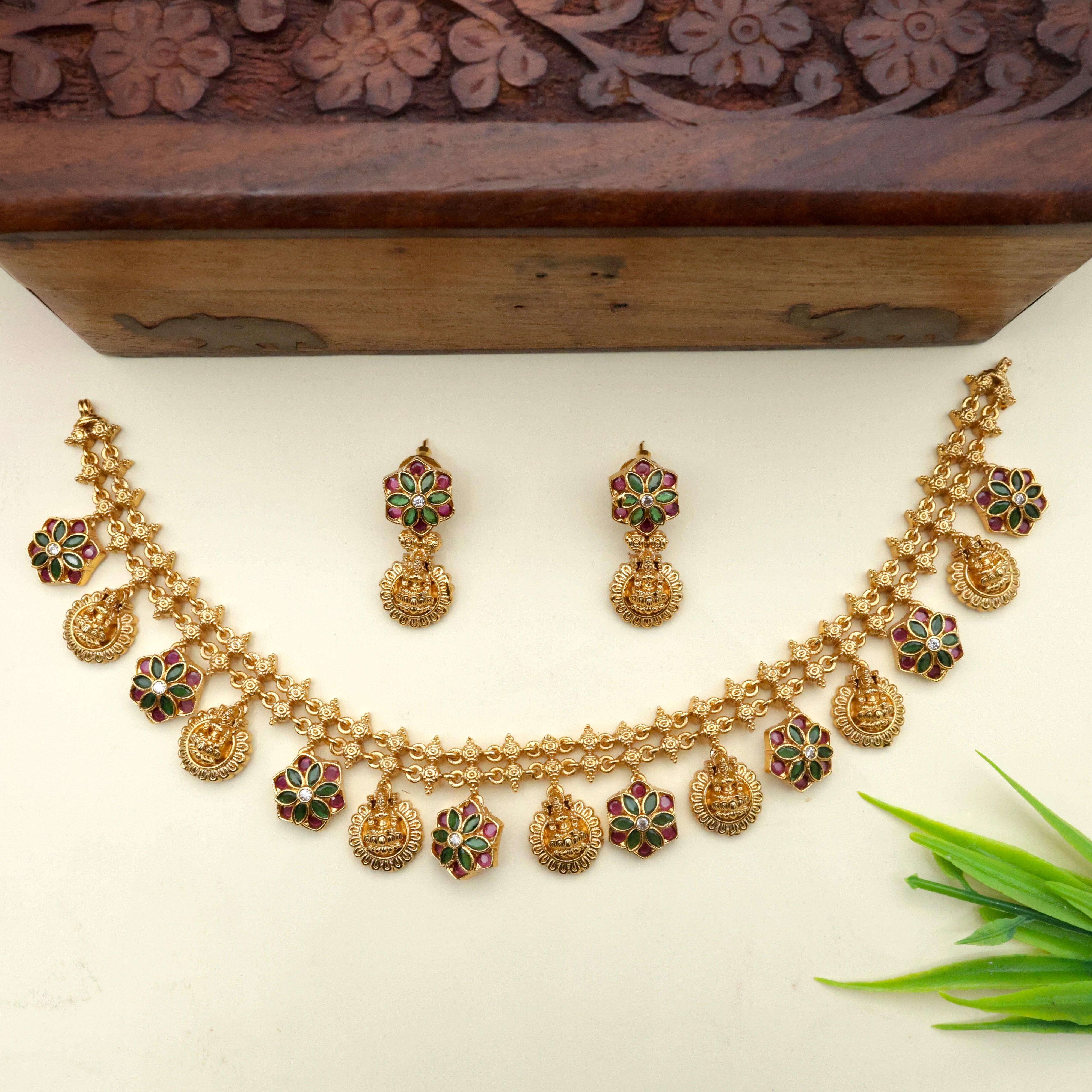 Real Gold Look Premium Lakshmi & Flower Coins Bridal Necklace Set