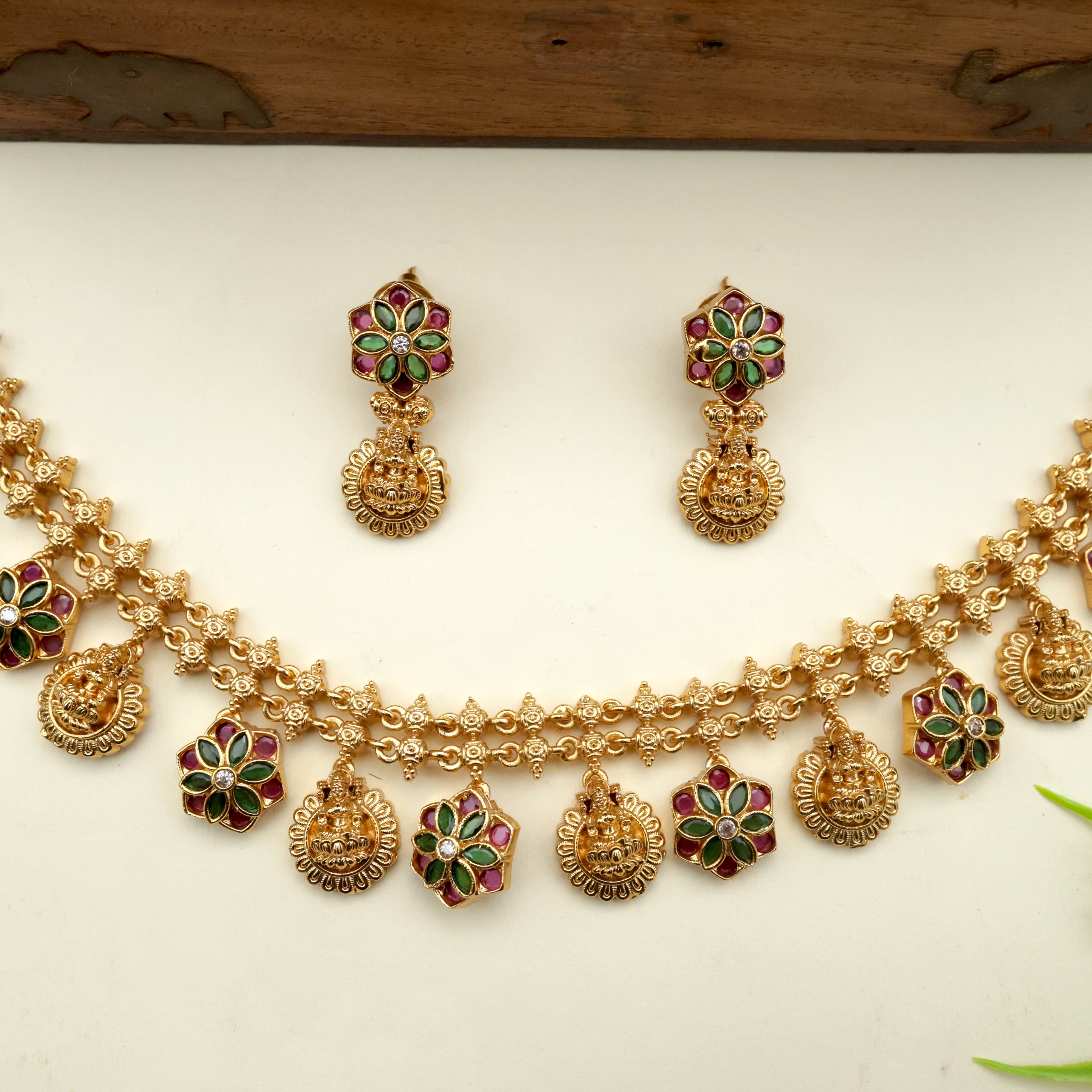 Real Gold Look Premium Lakshmi & Flower Coins Bridal Necklace Set