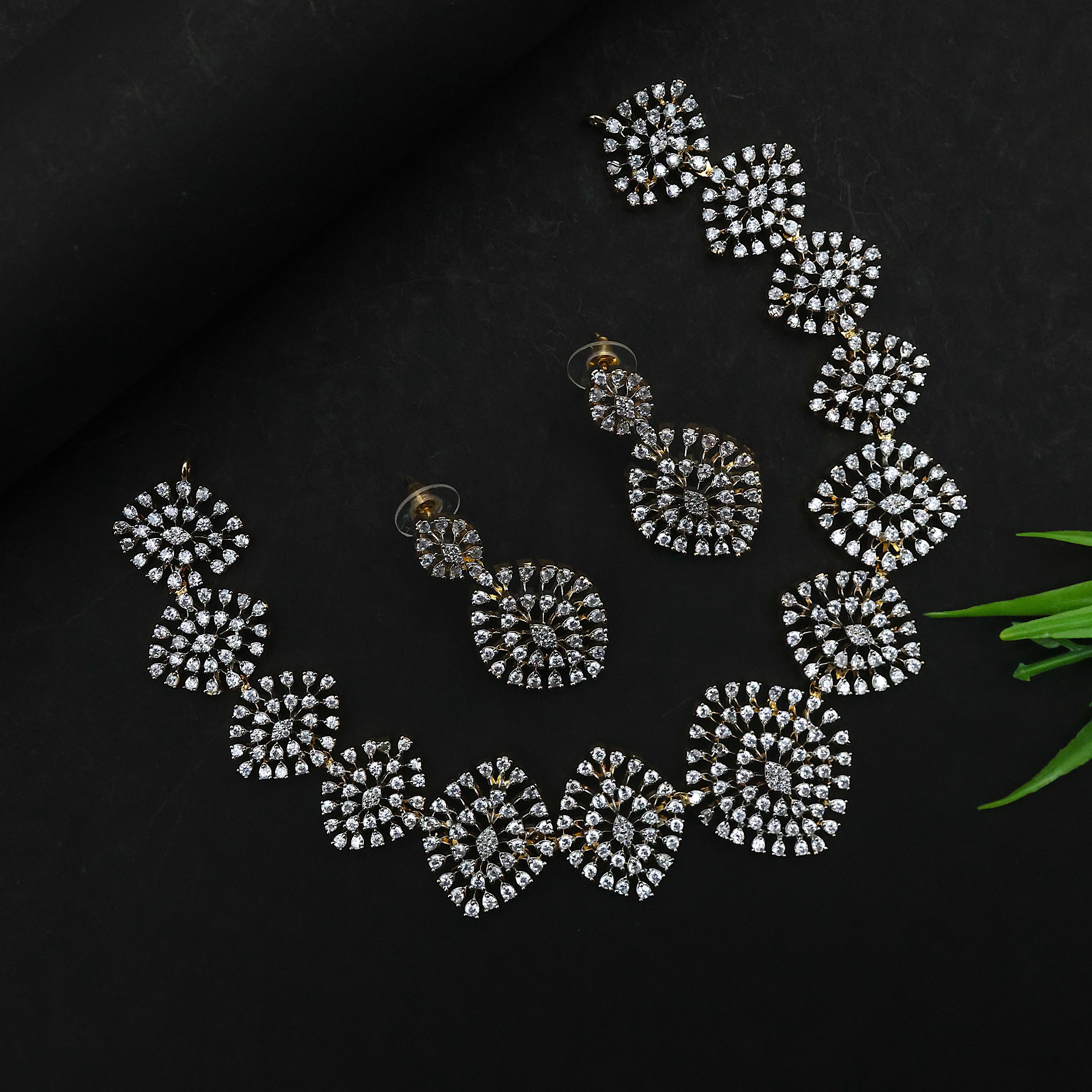 Diamond Look Bridal Leaf Necklace Set