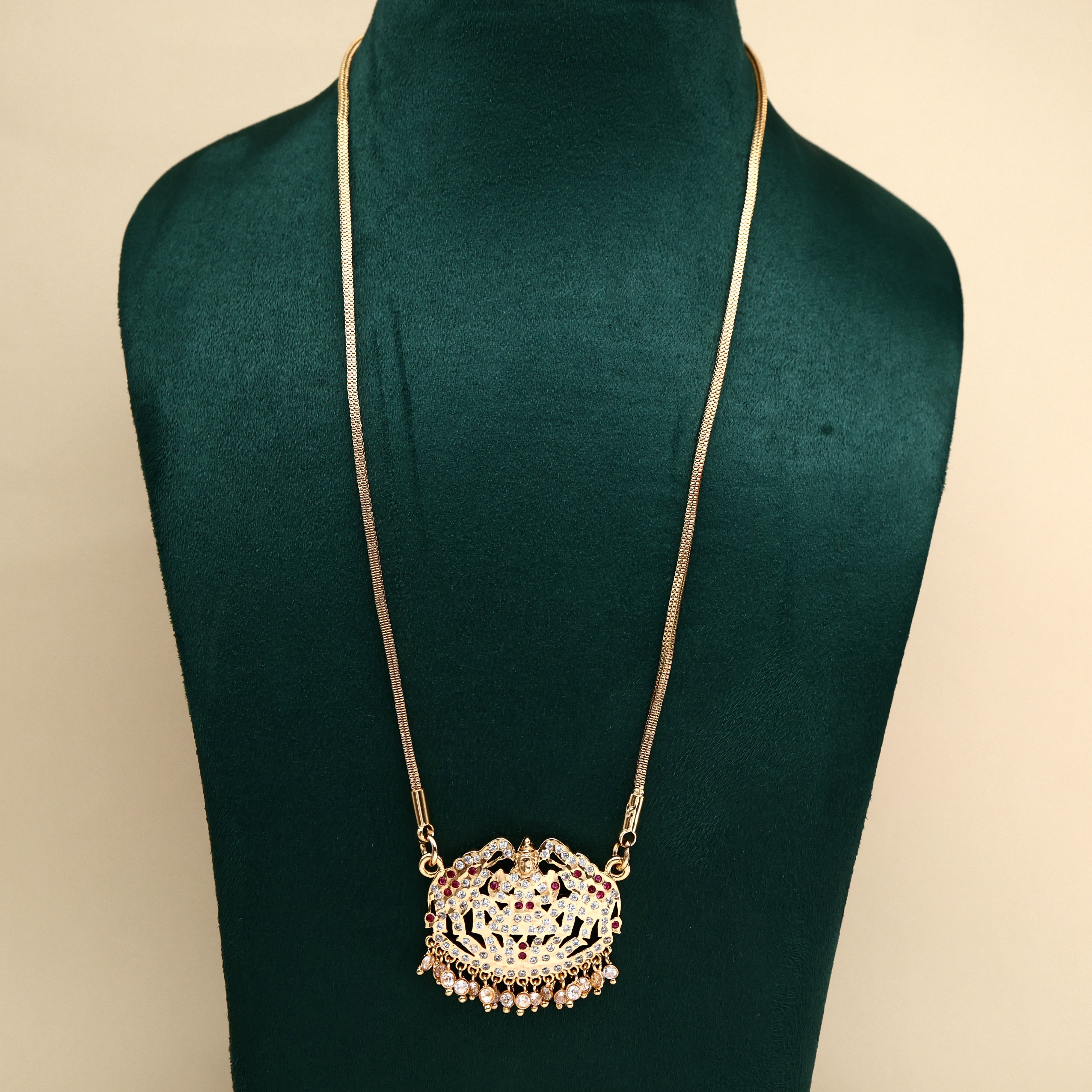 Real Gold Tone Traditional Big Gajalakshmi Pendant Chain - 30 Inches Chain