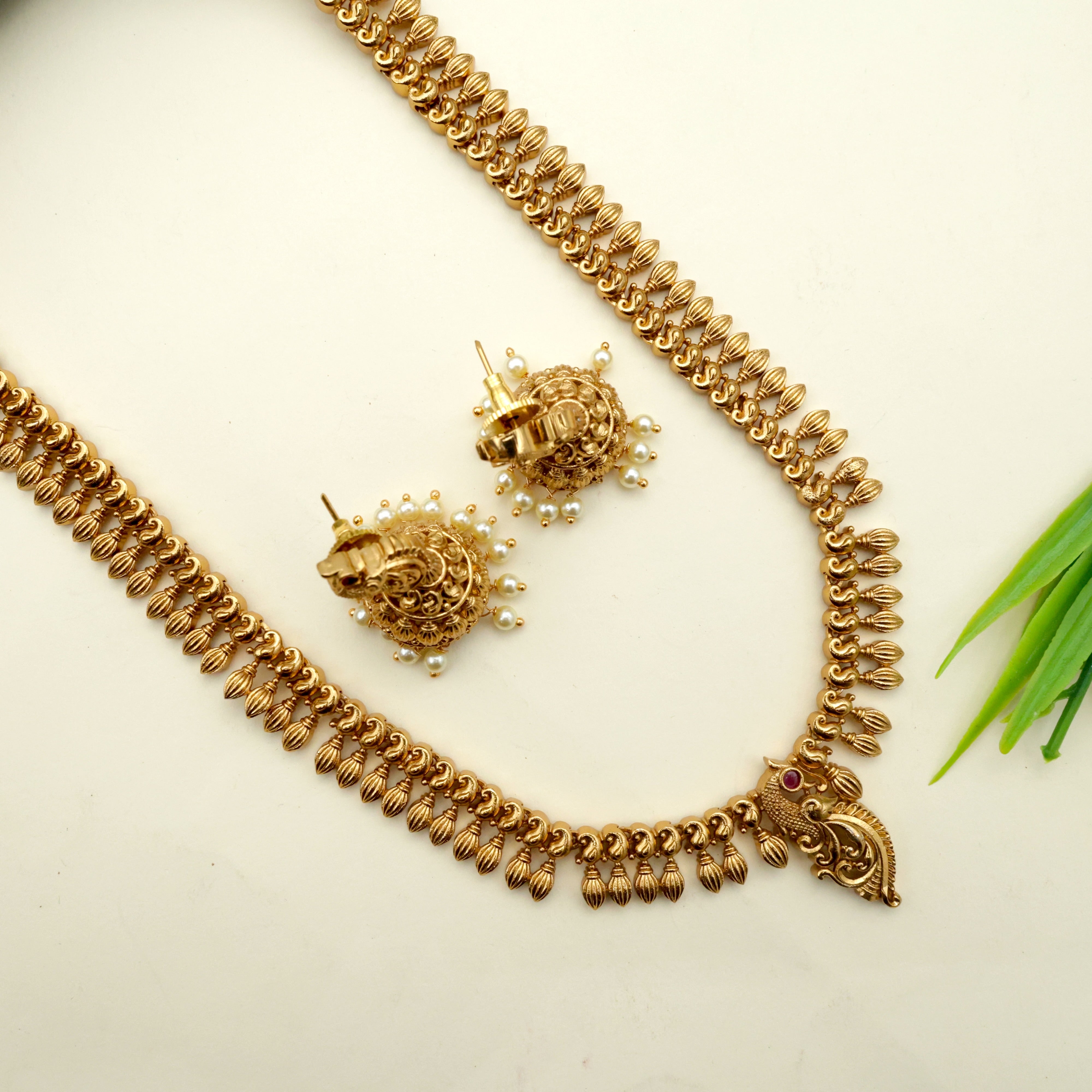 Real Gold Look Antique Nagas Long Kemp Mayoora Necklace Set