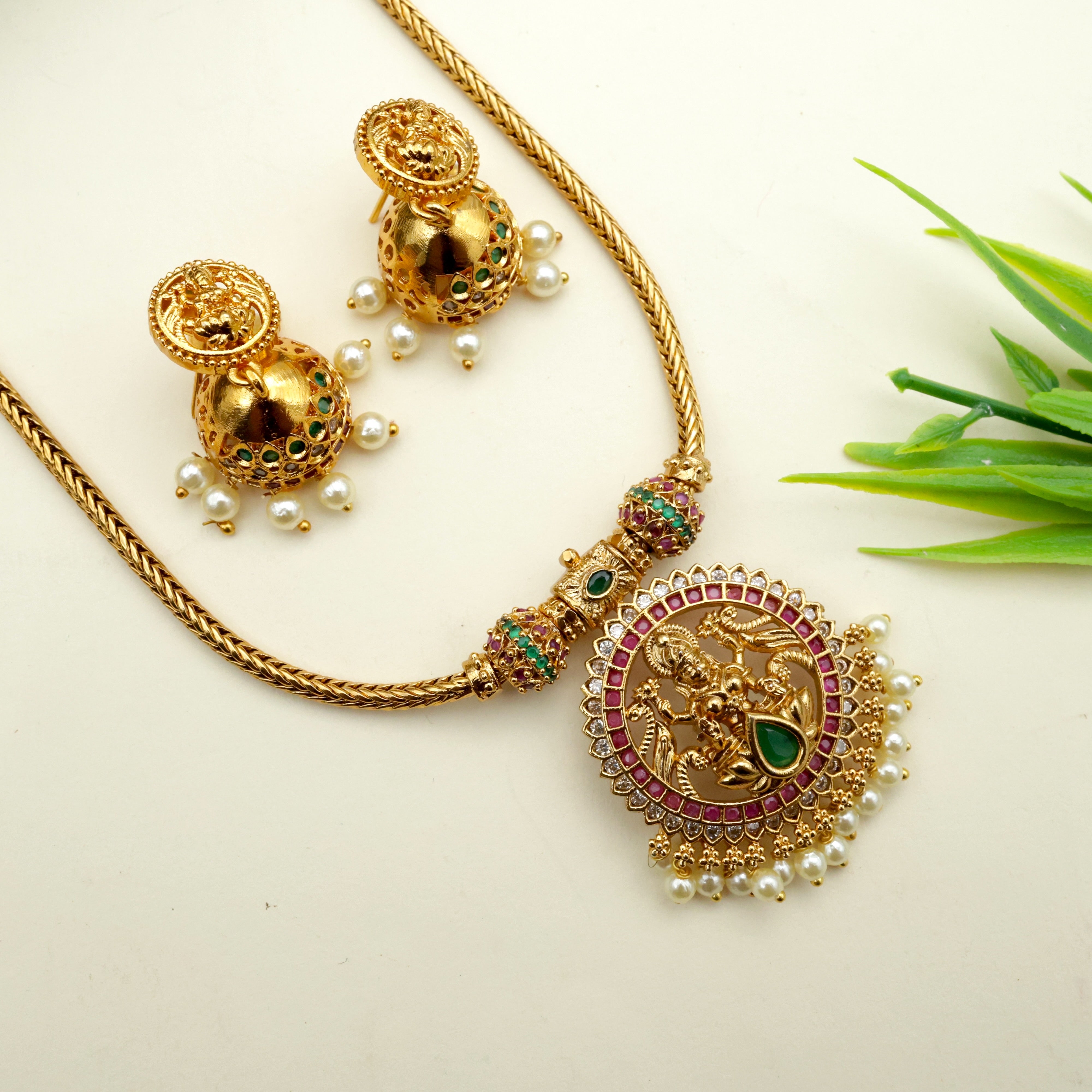 AD Round Lakshmi Pendant Necklace Set