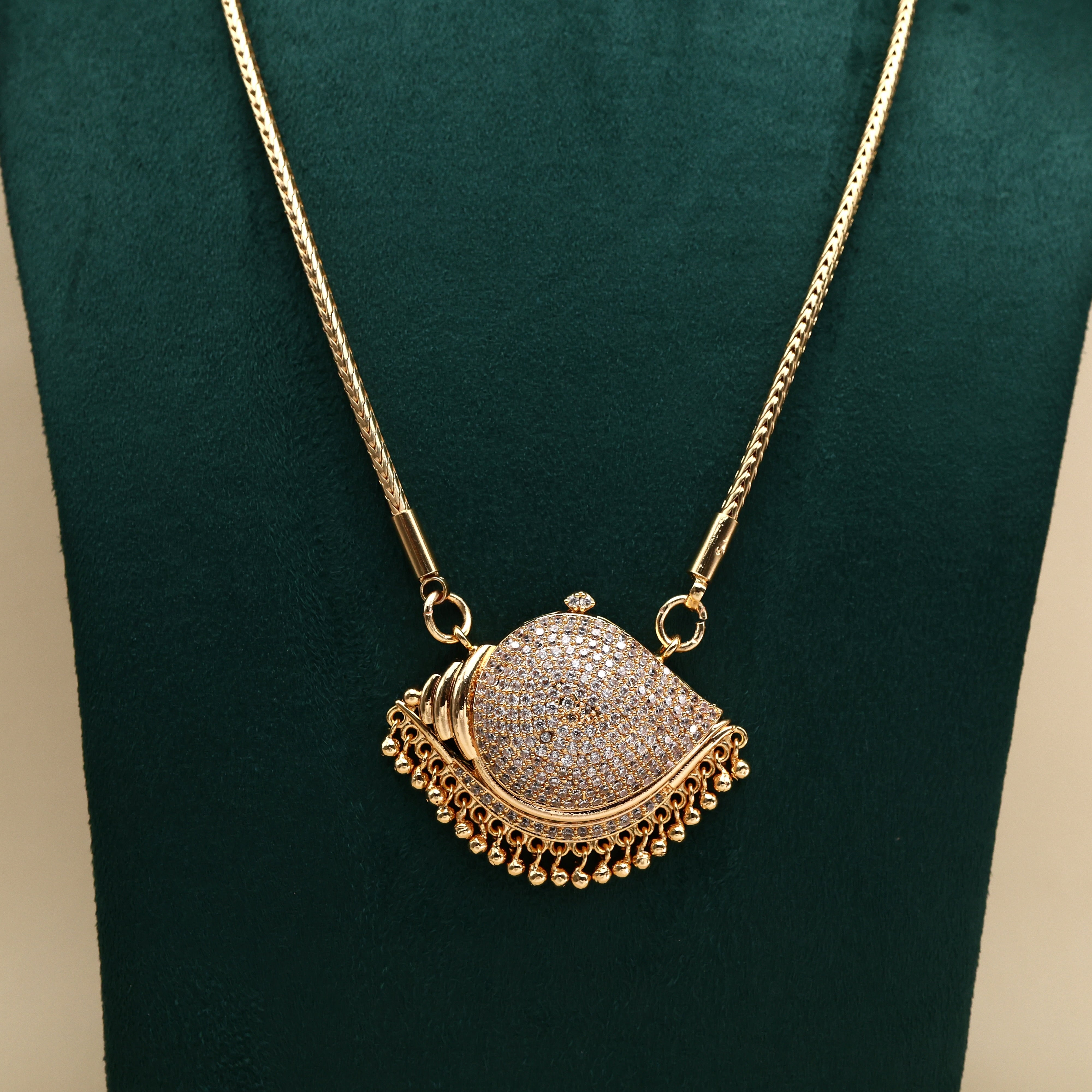 Real Gold Tone Beautiful Traditional Big Shankh Pendant Chain - 30 Inches Chain