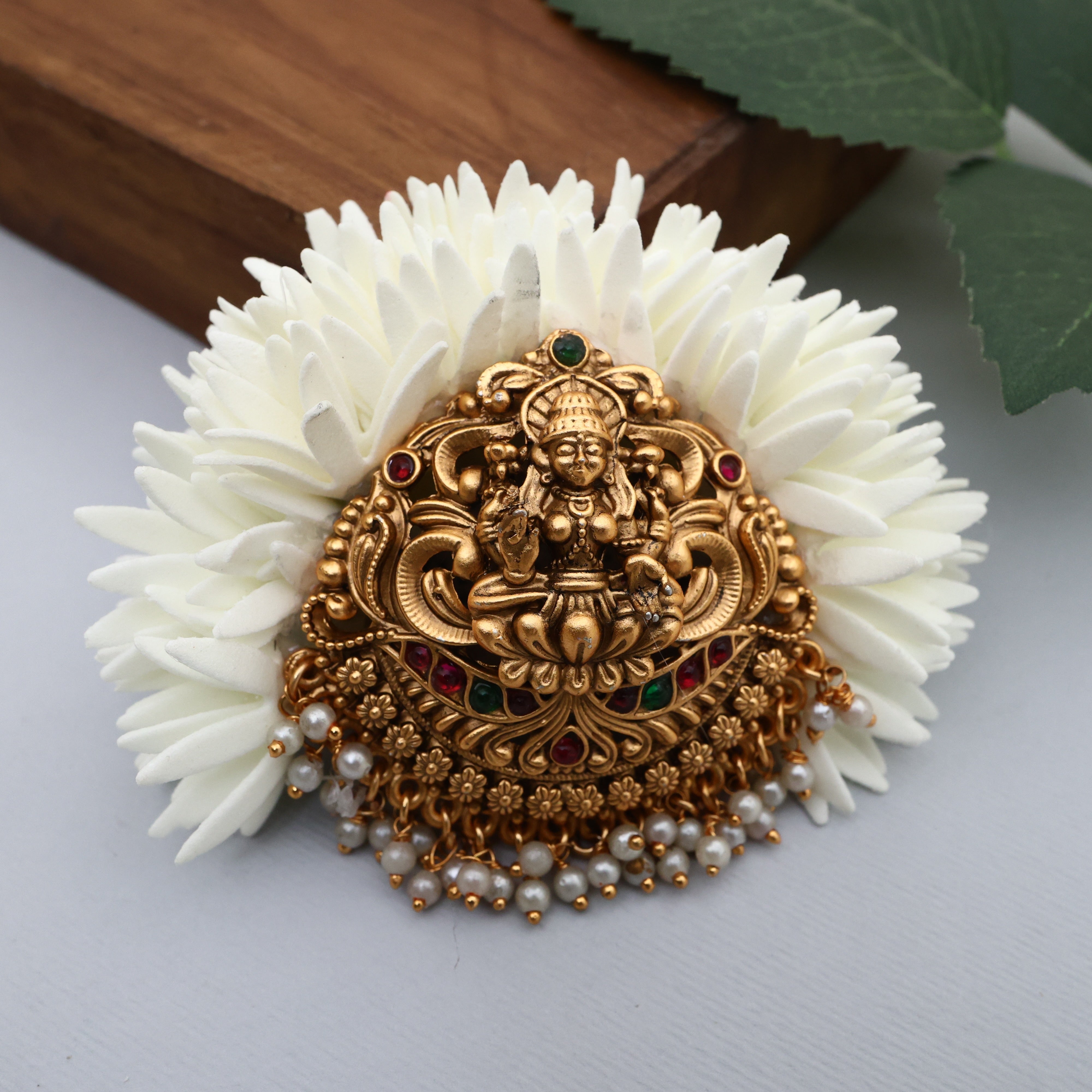 Antique Lakshmi Pendant Foam Oosi Malli French Barrette Hair Clip