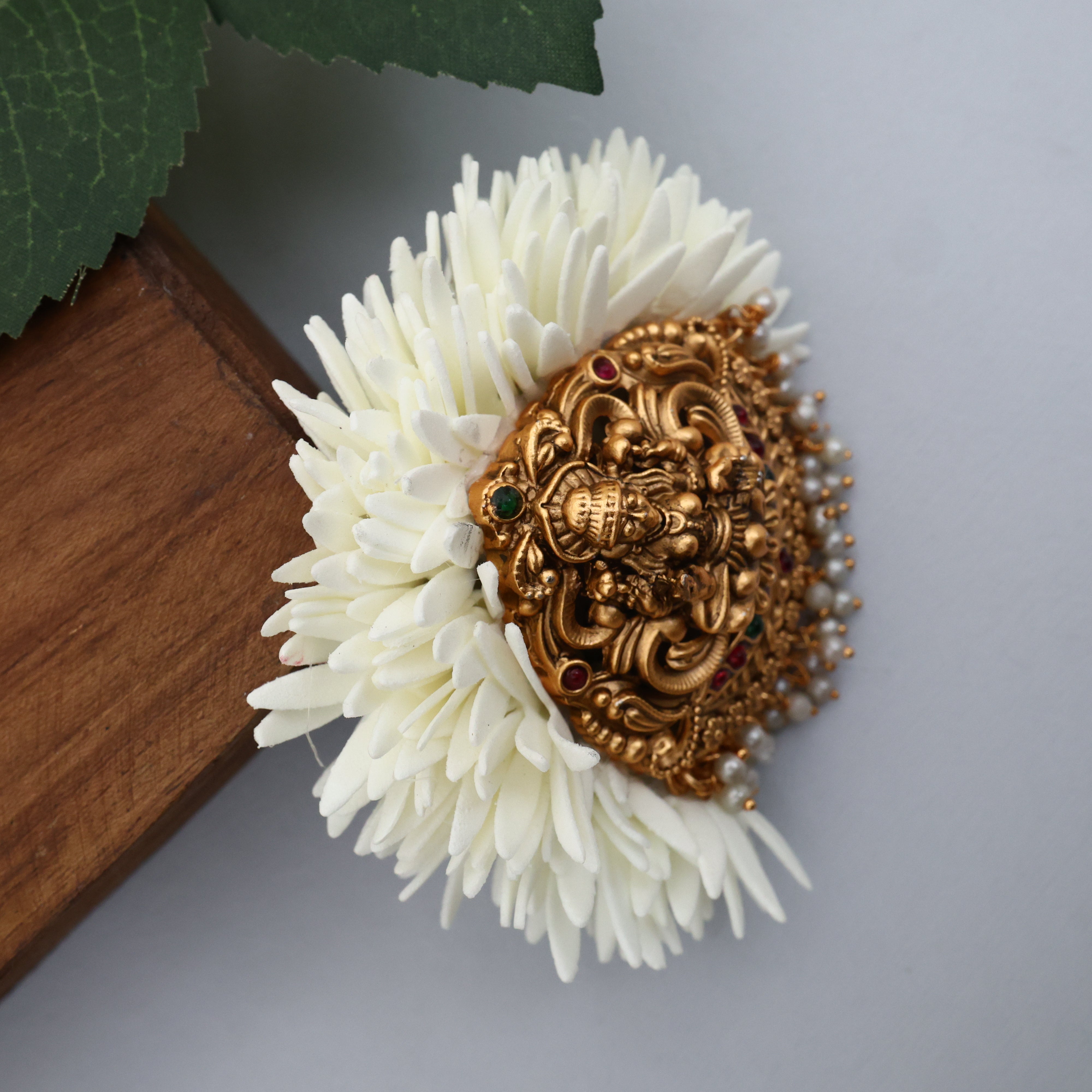 Antique Lakshmi Pendant Foam Oosi Malli French Barrette Hair Clip
