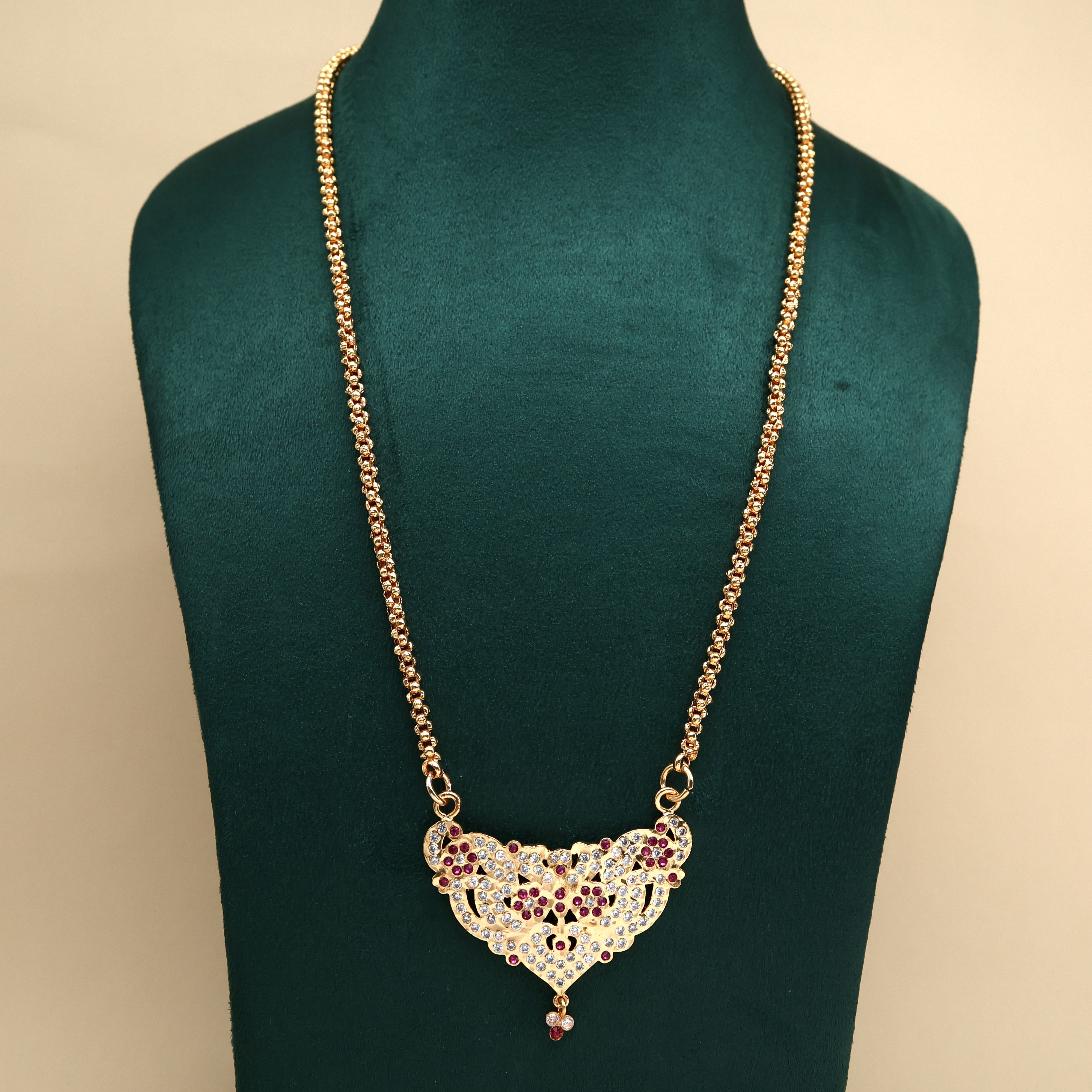 Real Gold Tone Traditional V Peacock Pendant Chain - 24 Inches