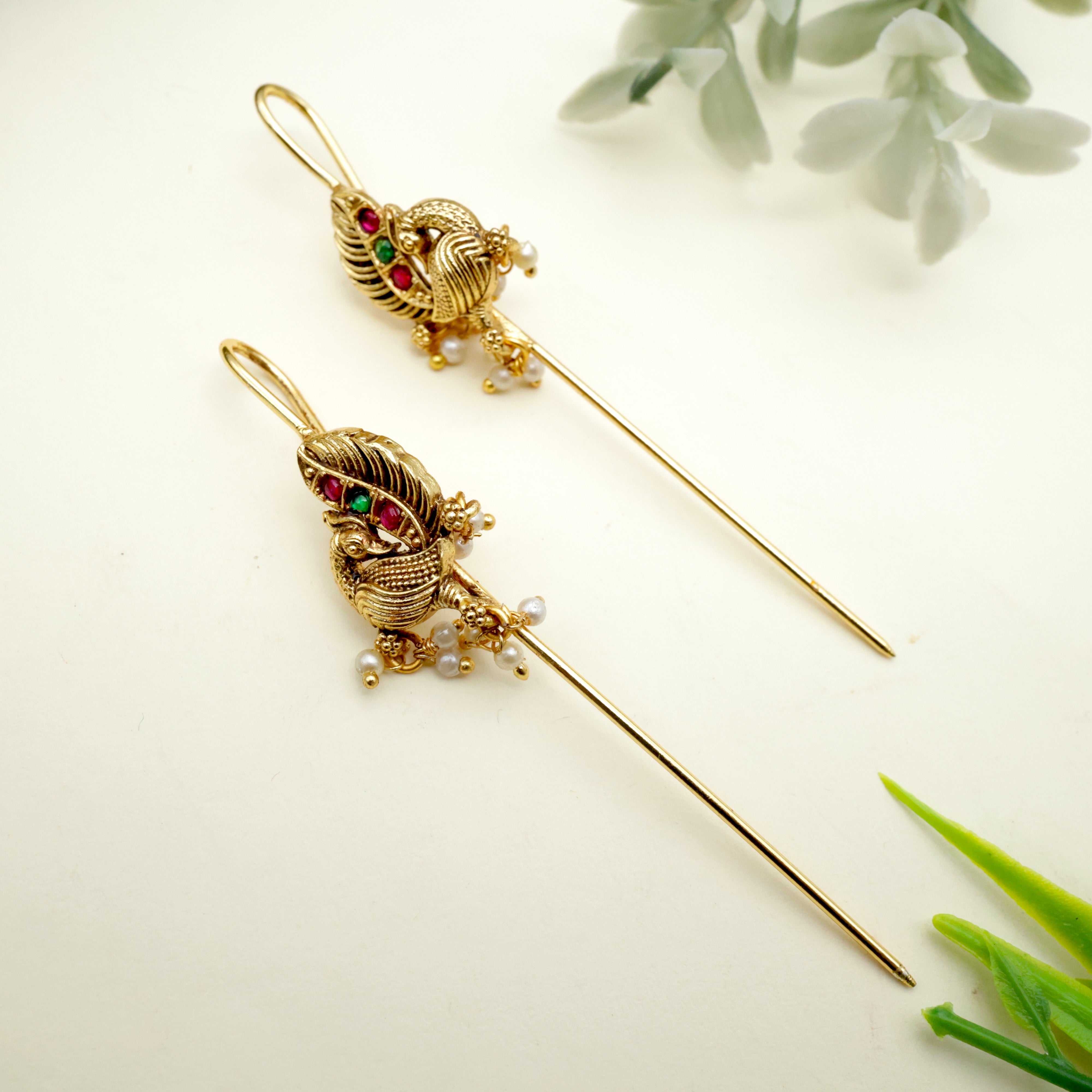 Real Gold Look Antique Jadau Kundan Mor Needle Earcuff Earrings