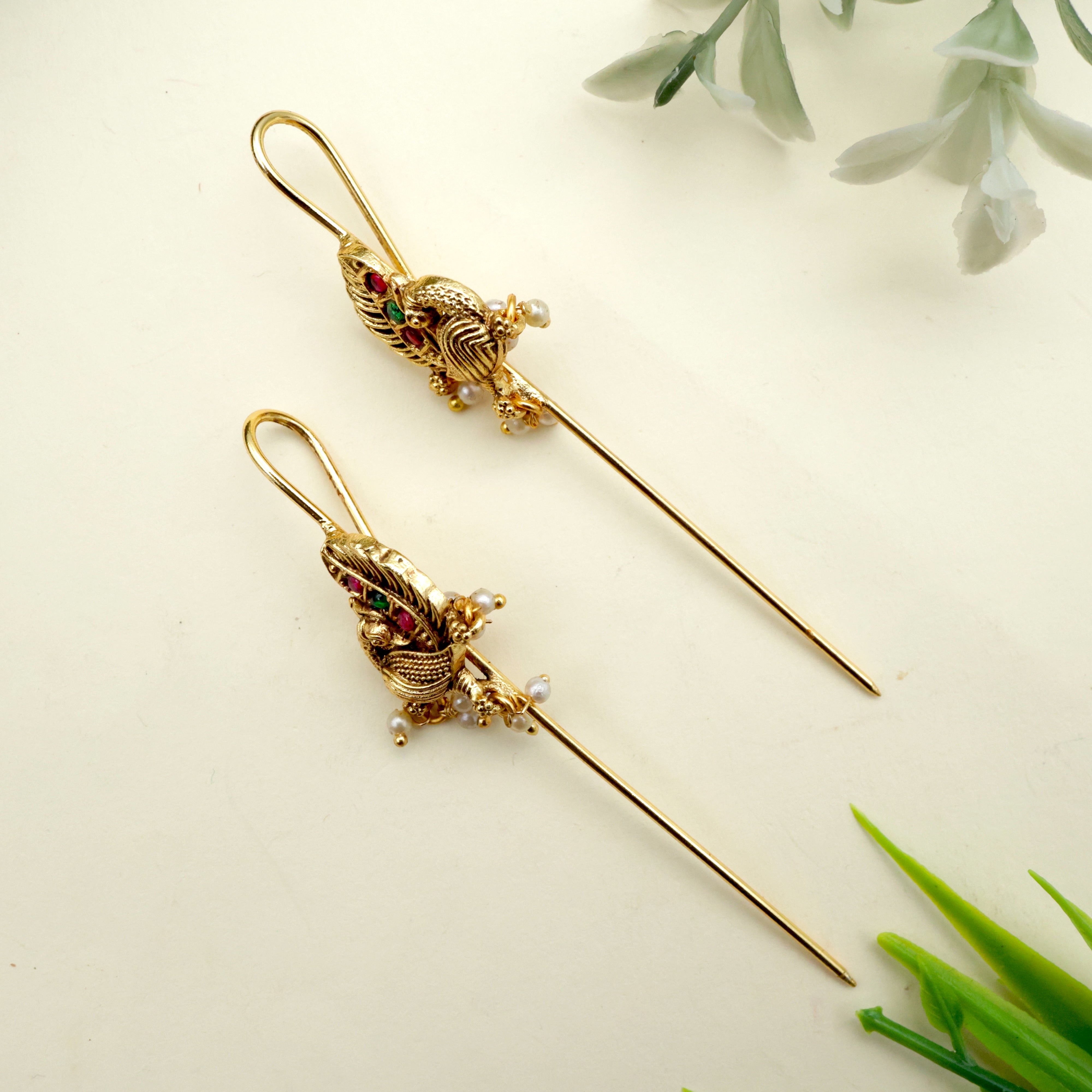 Real Gold Look Antique Jadau Kundan Mor Needle Earcuff Earrings