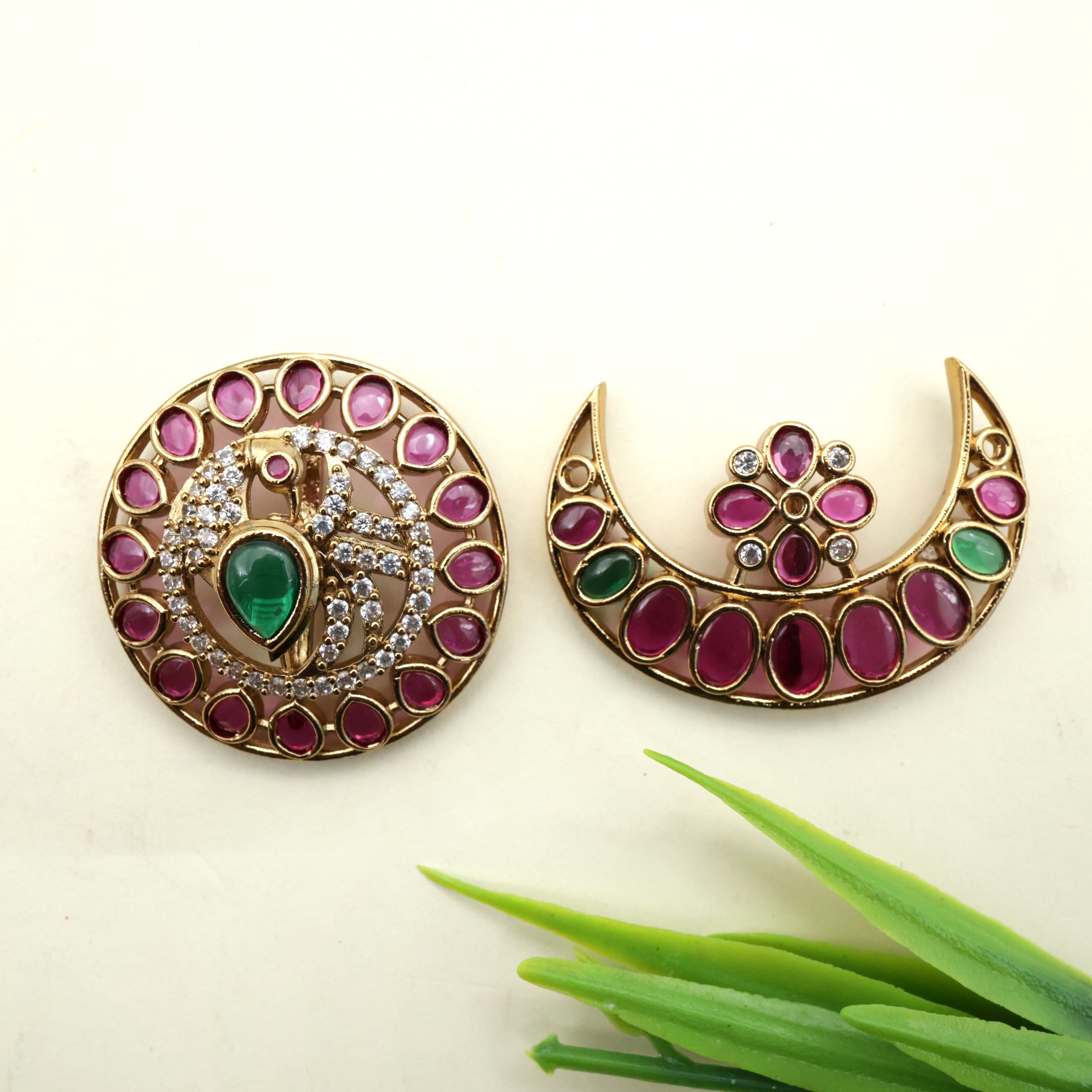 Victorian Kemp CZ Stones Traditional Sun Moon/ Suryan Chandran Bridal Hair Accessories - Ruby Green