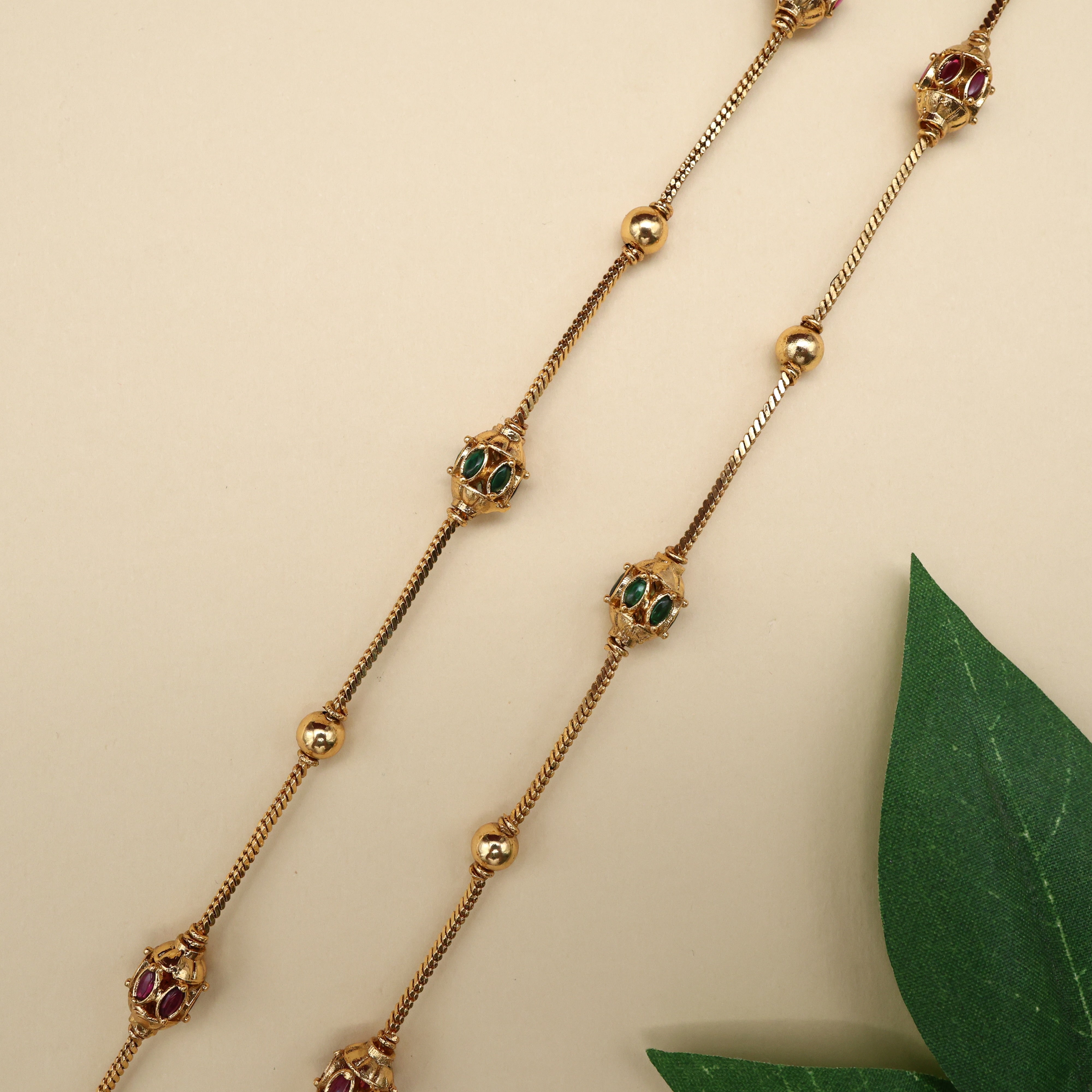 Gold Tone Antique Kemp Oval Balls Anklets/Payal - 10.5 inches