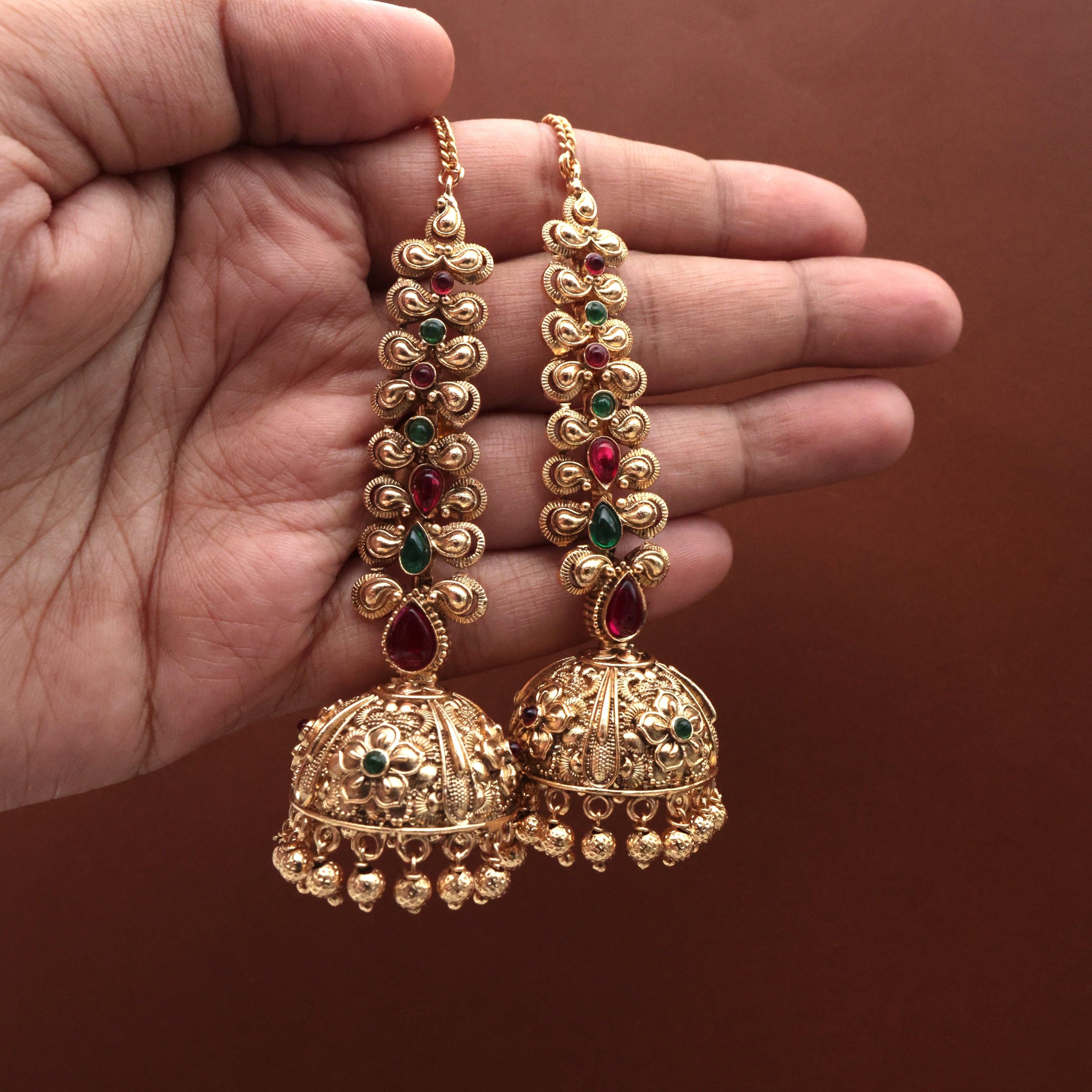 Antique Kemp Mango Leaf Bridal Maatal Jhumkas - Bridal Jhumkas With Ear Chain