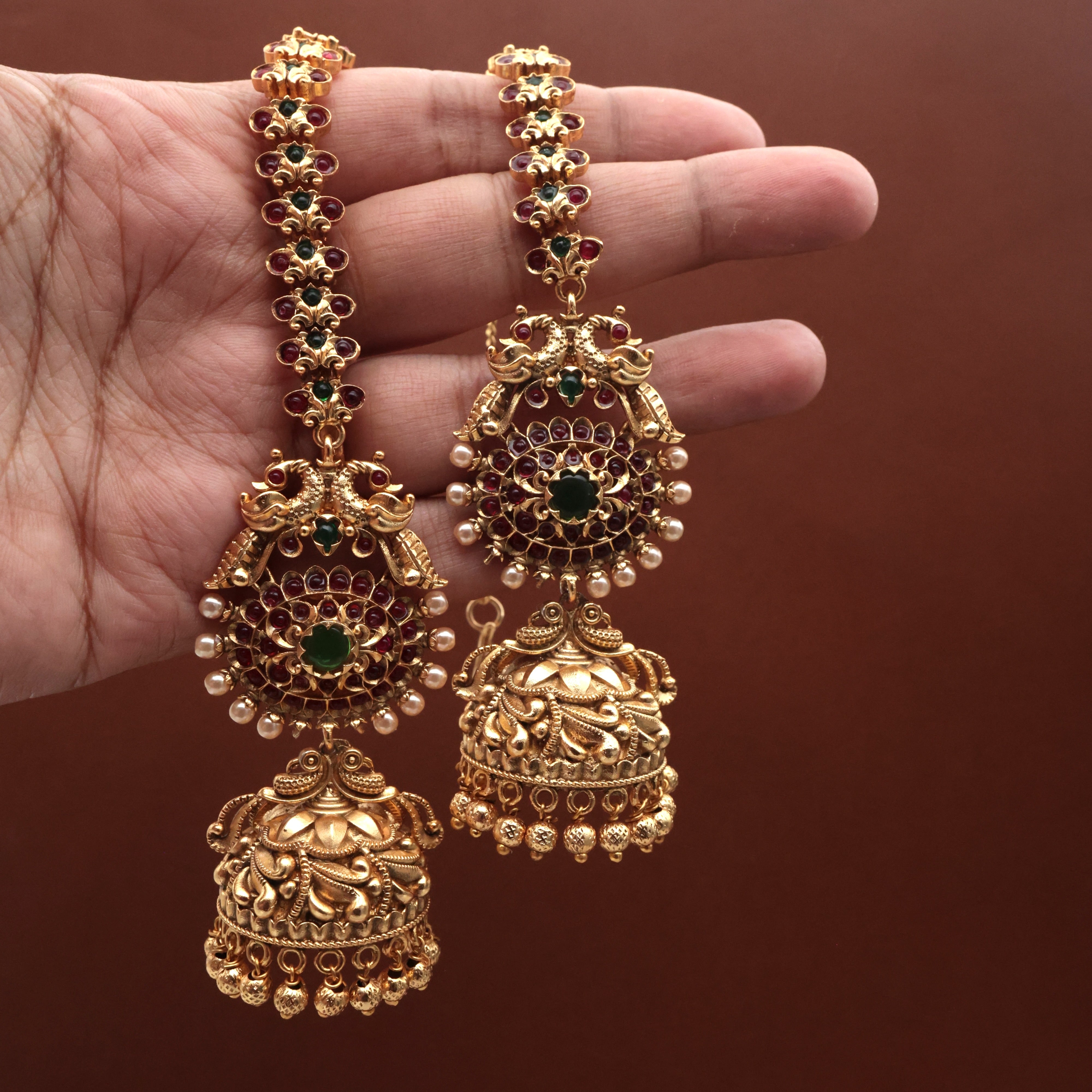 Antique Gold Bridal Rettapakshi Kemp Maatal Jhumkas - Bridal Jhumkas With Ear Chain