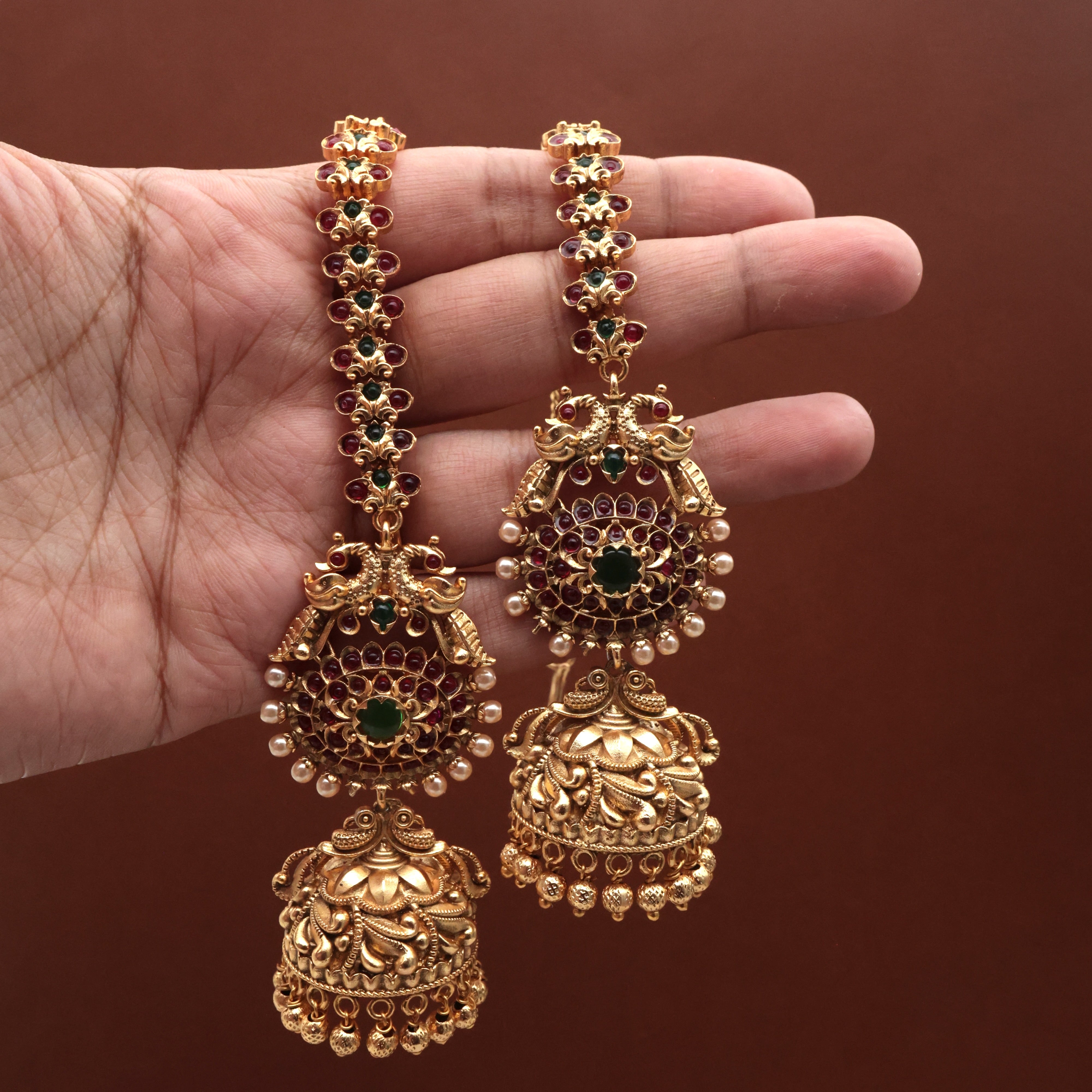 Antique Gold Bridal Rettapakshi Kemp Maatal Jhumkas - Bridal Jhumkas With Ear Chain