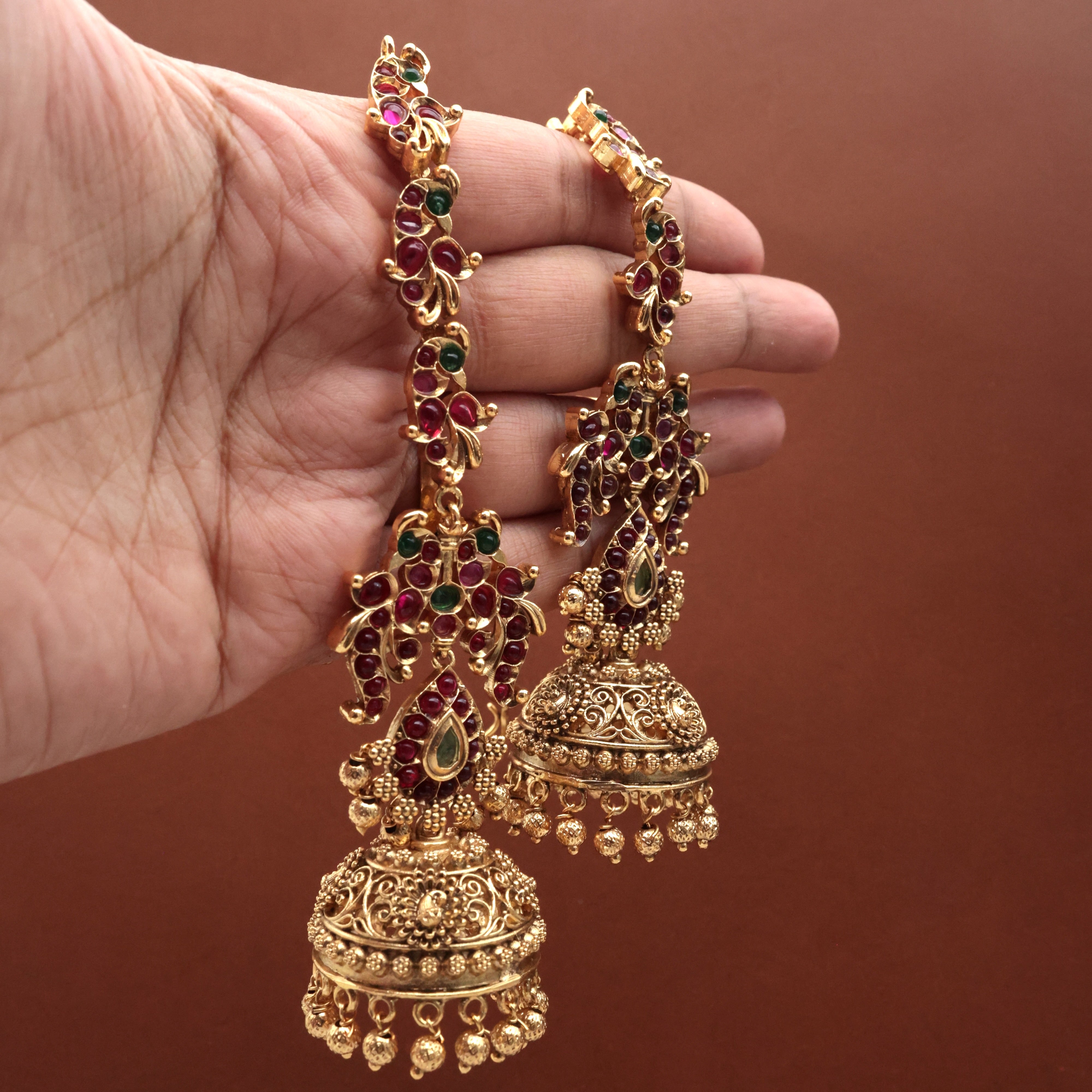 Antique Gold Kemp Gandaberunda Bridal Maatal Jhumkas - Bridal Jhumkas With Ear Chain