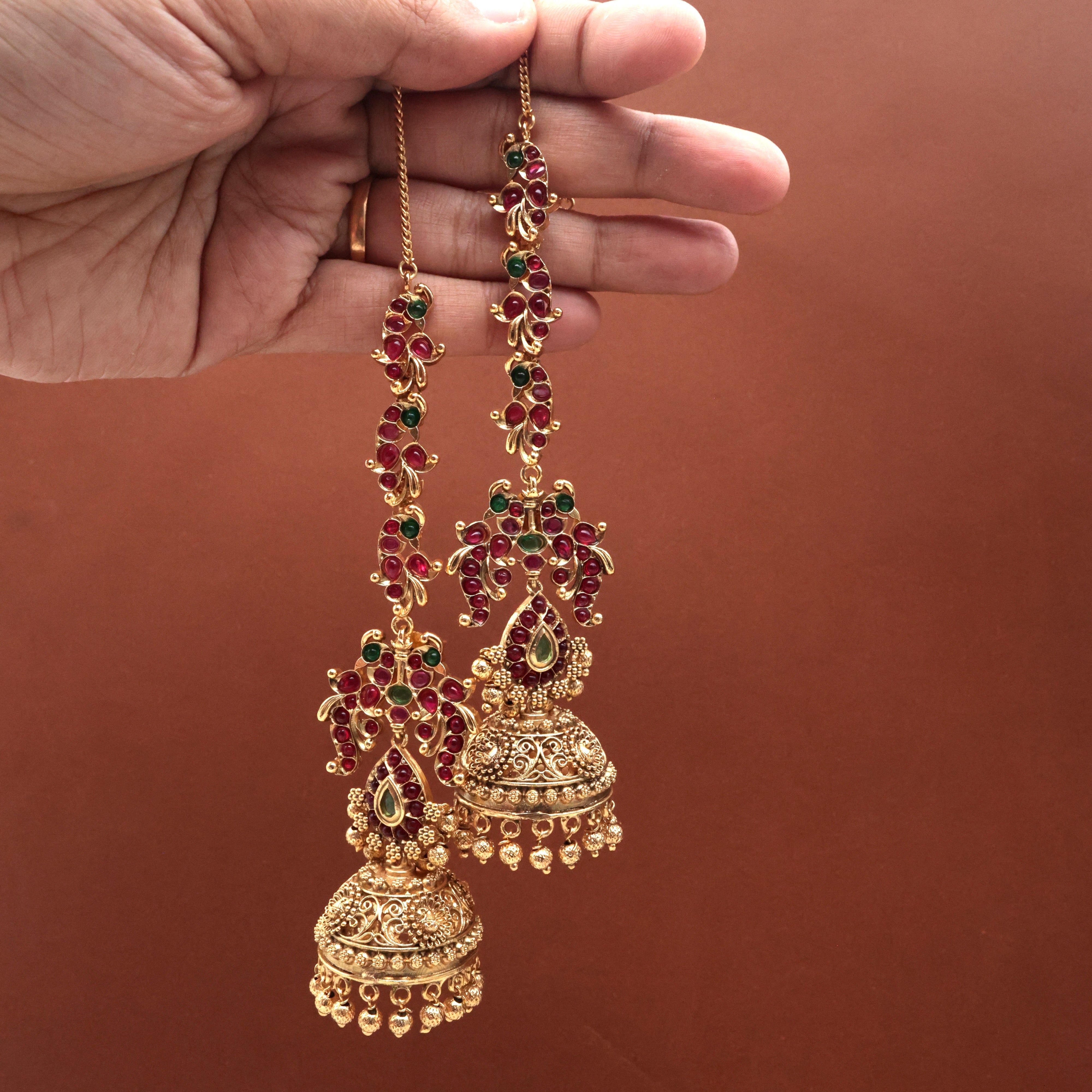 Antique Gold Kemp Gandaberunda Bridal Maatal Jhumkas - Bridal Jhumkas With Ear Chain