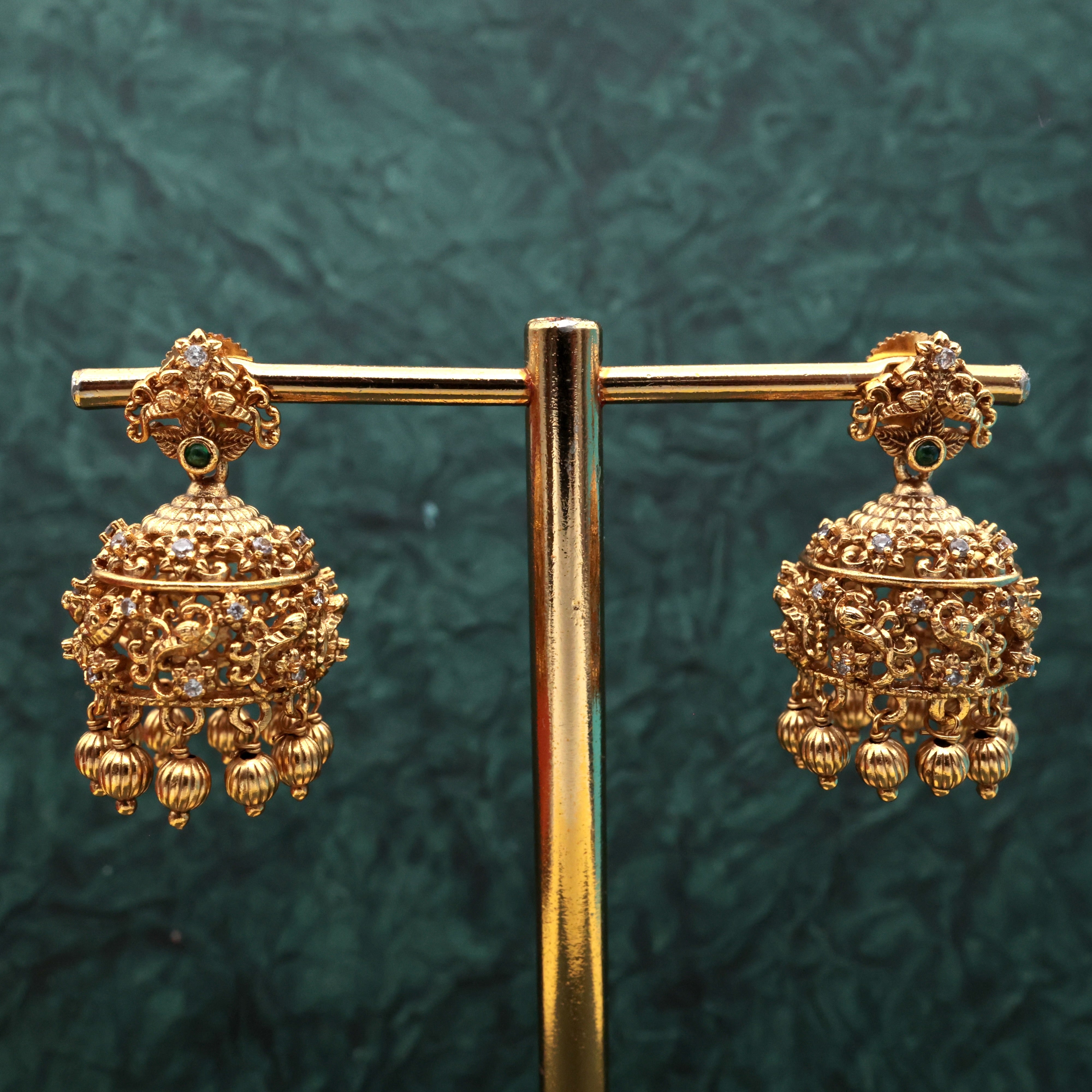 Gold Look Alike Intricate Peacock Bridal Jhumkas