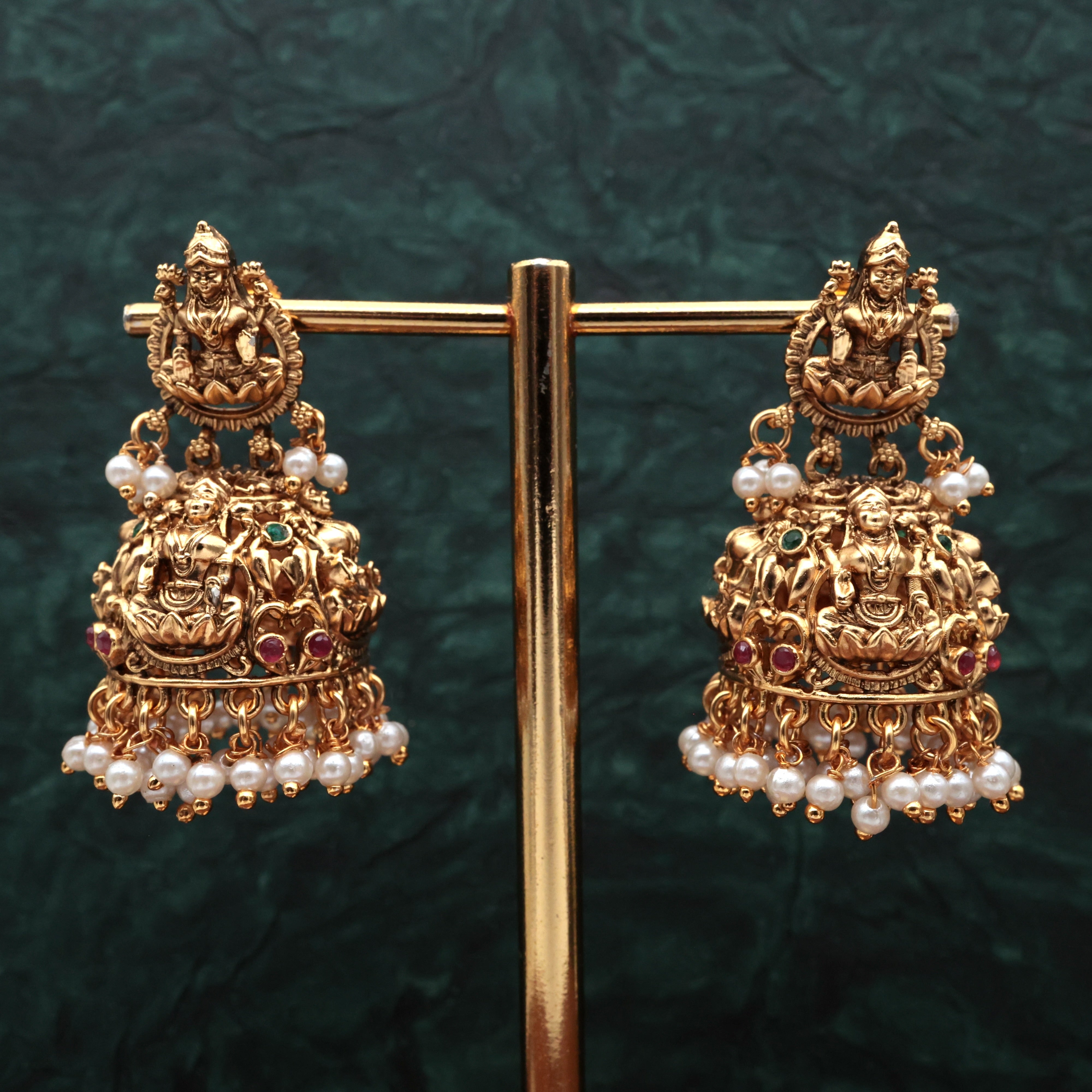 Gold Look Intricate Carvings Lakshmi Bridal Jhumkas