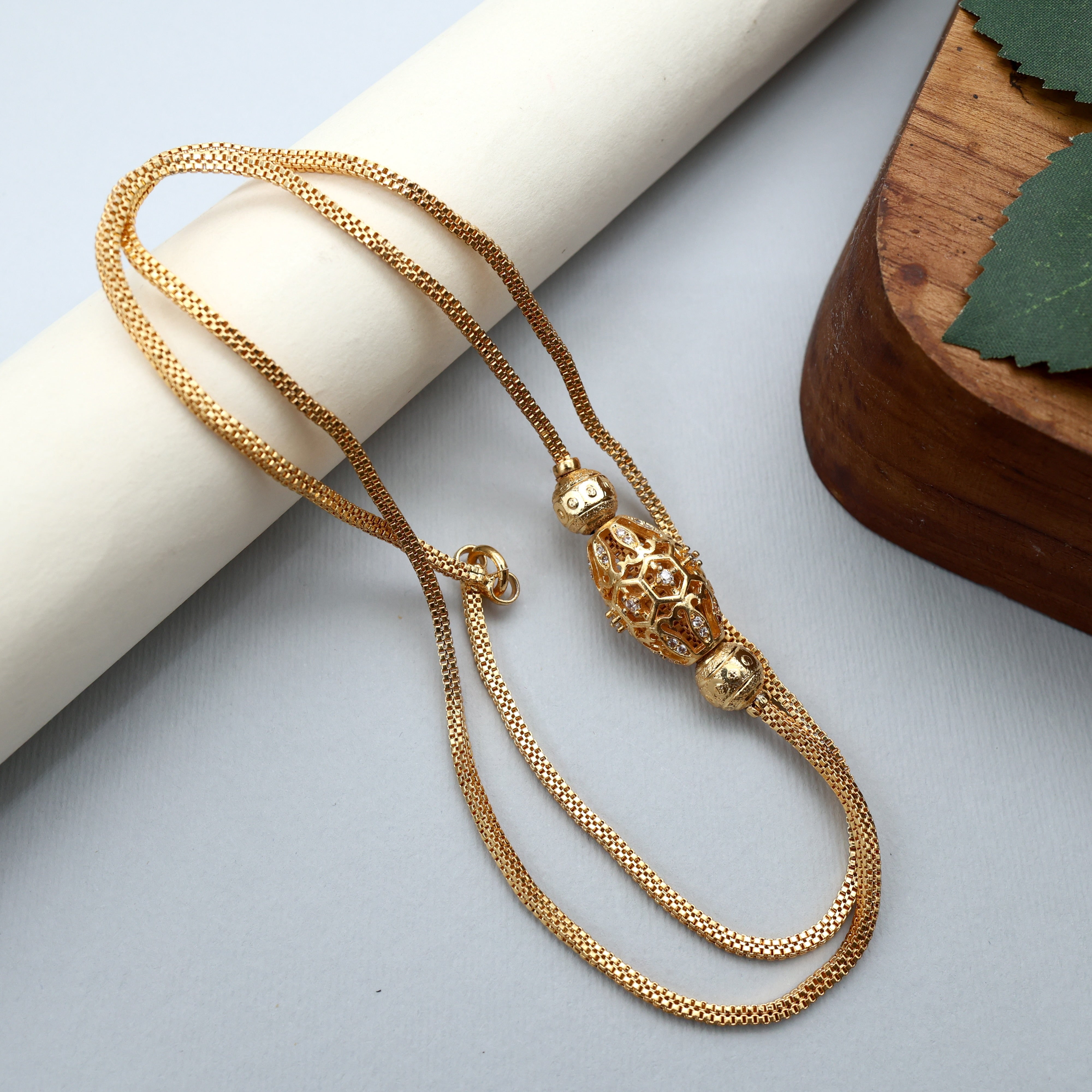 Gold Tone Diamond Look Oval Round Beads Mugappu/Mogppu Chain