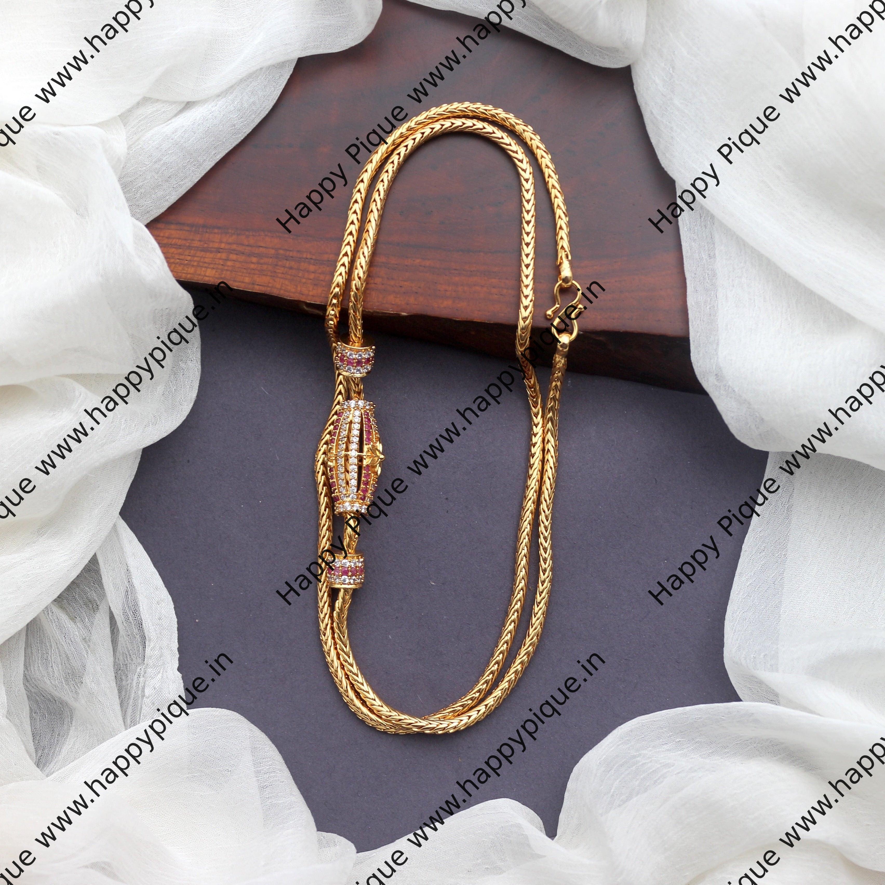 Real Gold Tone AD Cross Flower Thali Mogappu Chain