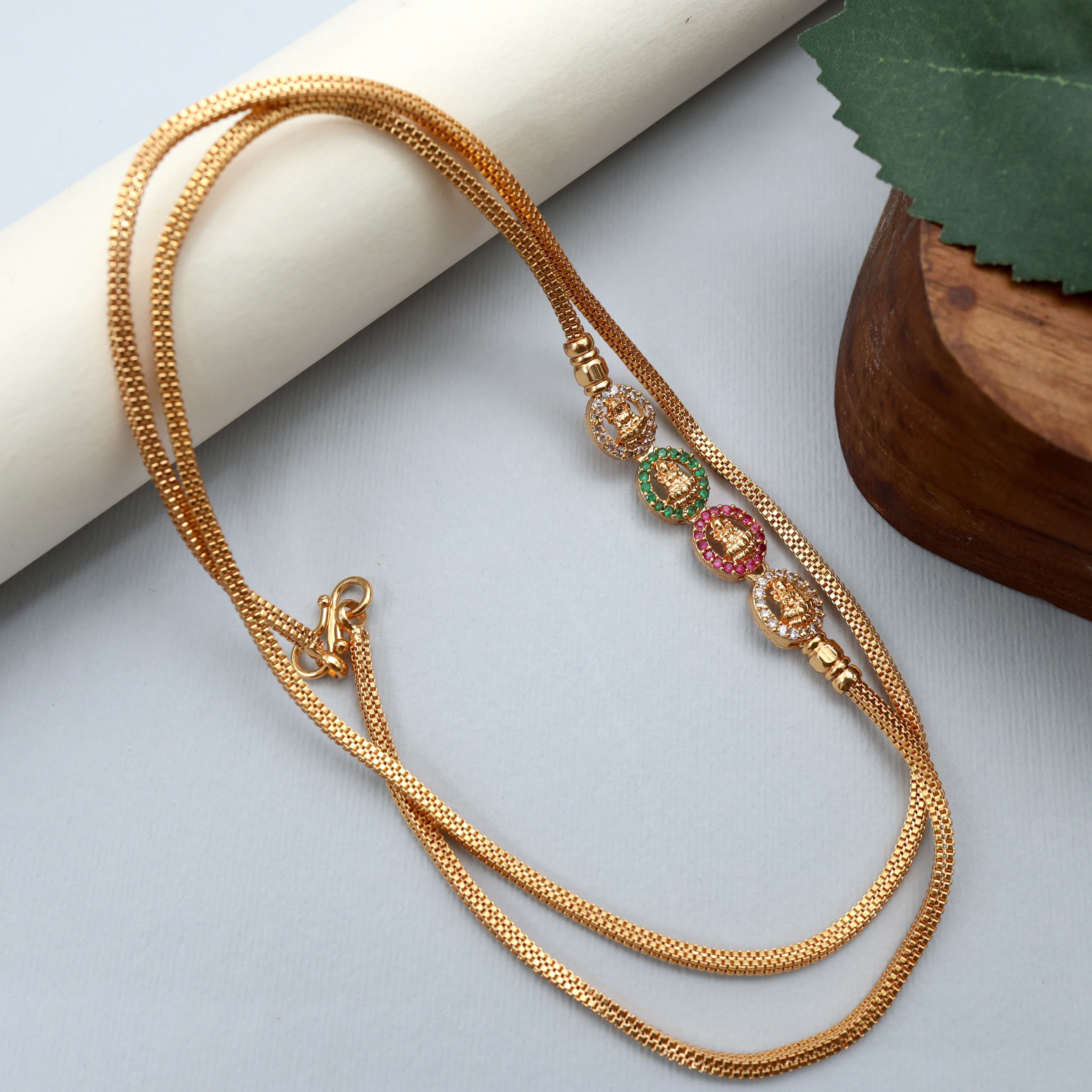 Gold Tone Diamond Look Oval Lakshmi Mugappu/Mogappu Chain - Multi