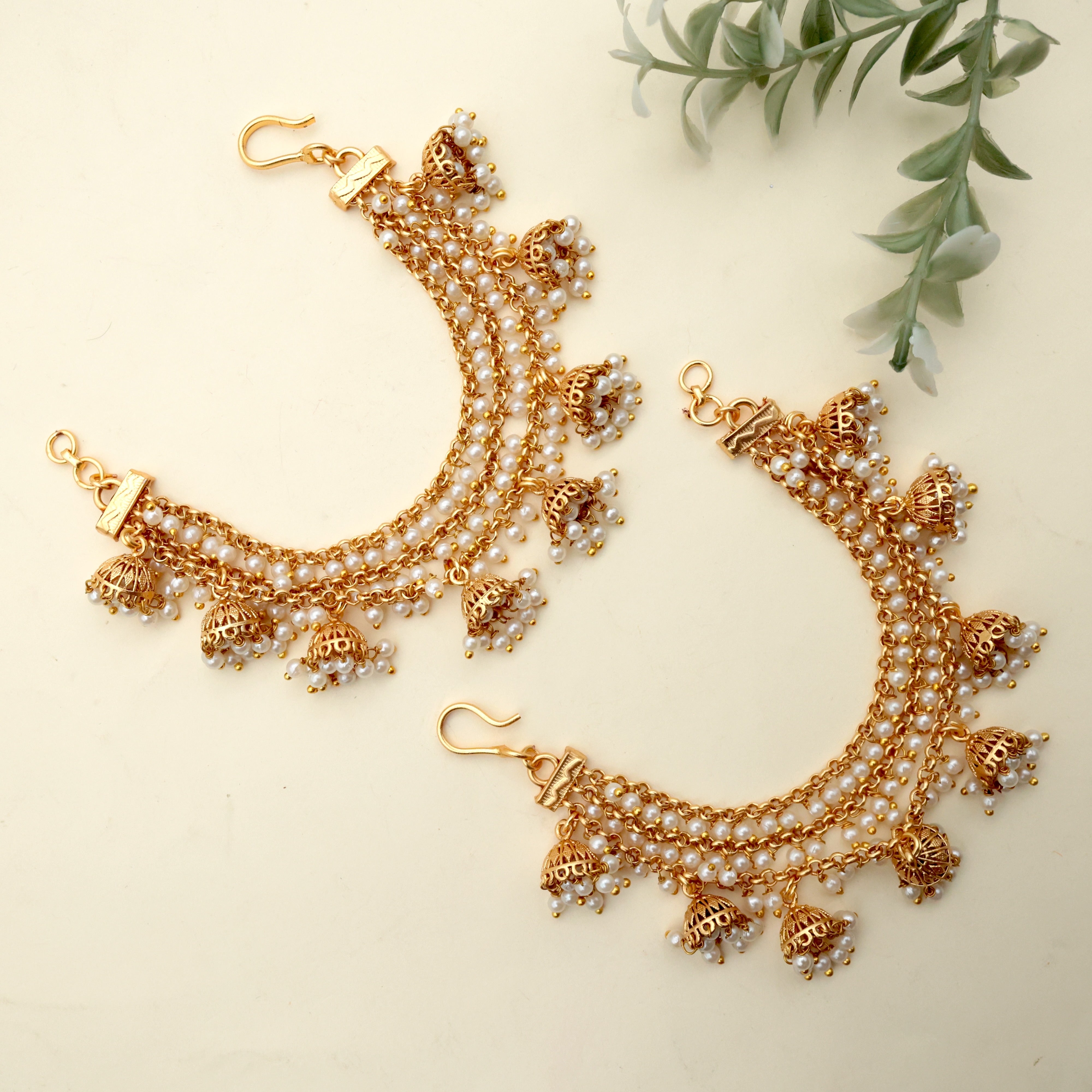 3 Lines Jhumkas Hanging Pearl Bridal Ear Chain / Maatal - Best Bridal Kaan Chain