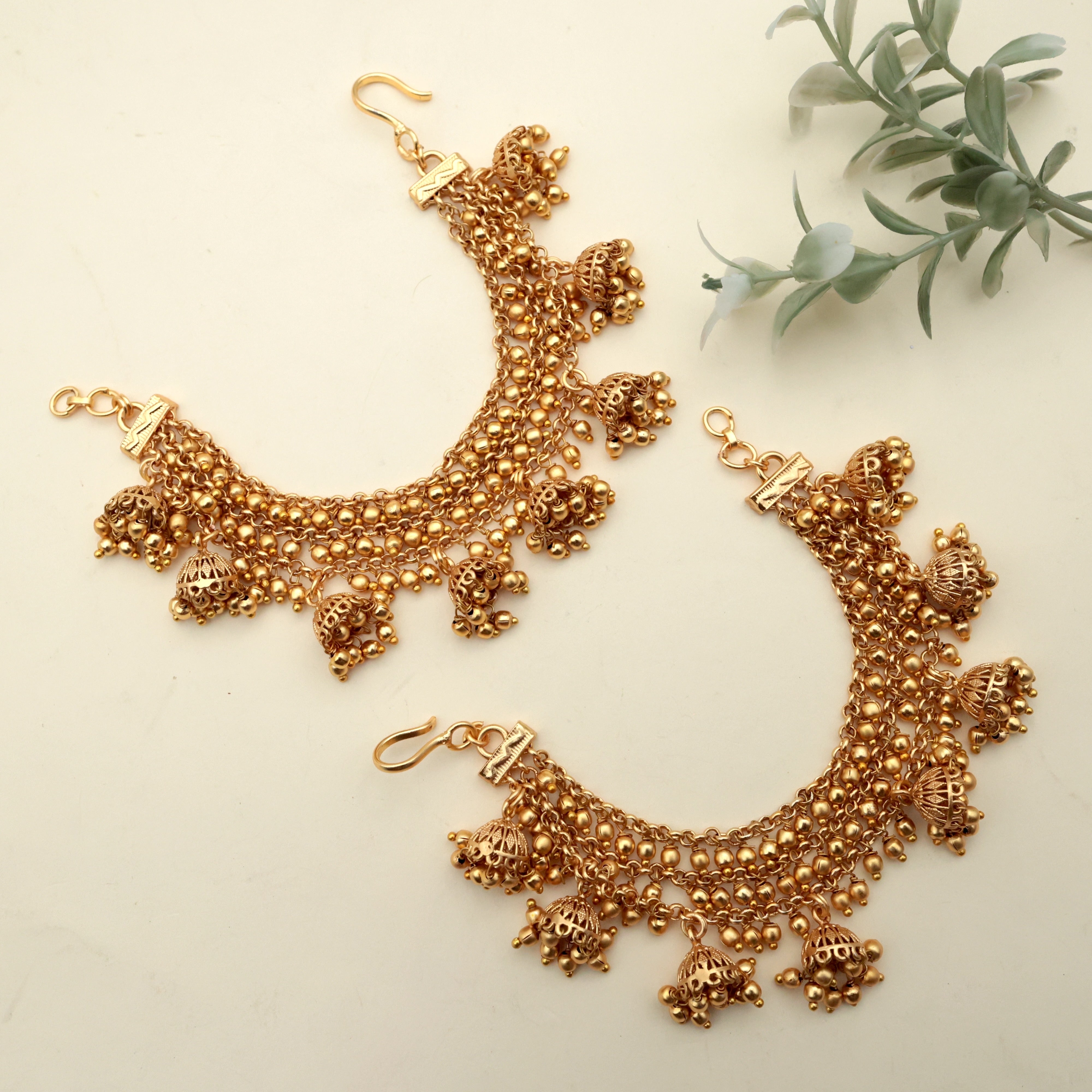 3 Lines Gold Balls Jhumkas Hanging Bridal Ear Chain / Maatal - Best Bridal Kaan Chain