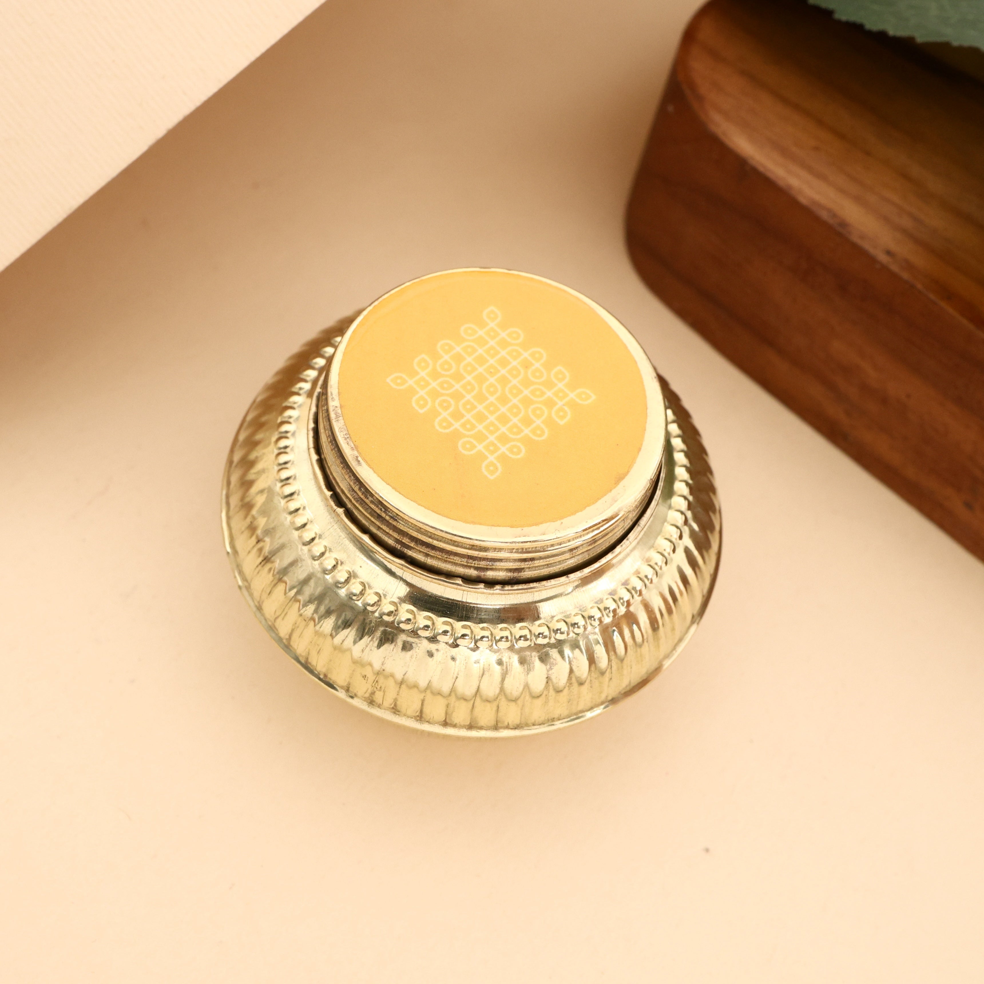 Brass Matki Haldi/Kumkum Dabbi - Sindoor Box  (Assorted Prints)