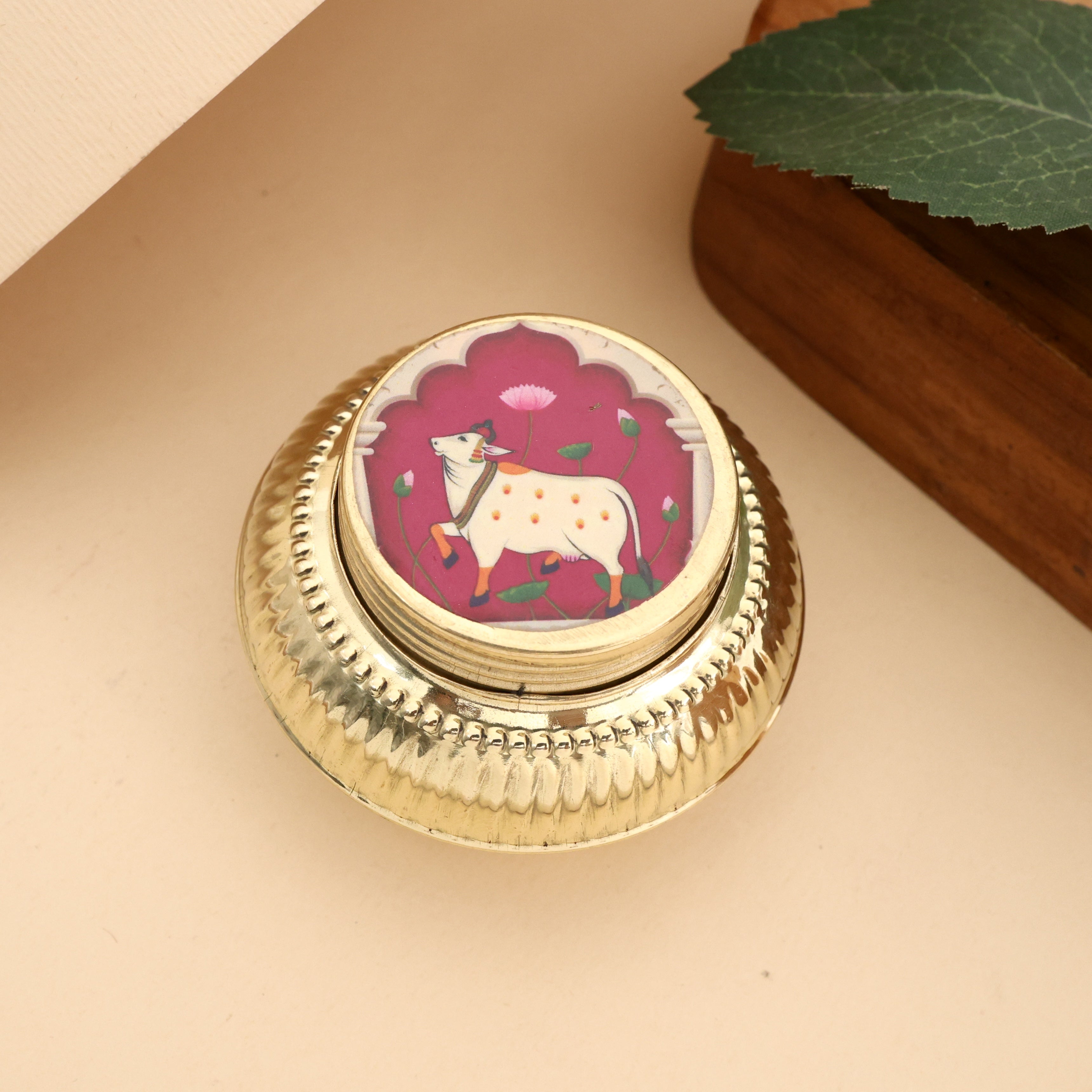 Brass Matki Haldi/Kumkum Dabbi - Sindoor Box  (Assorted Prints)