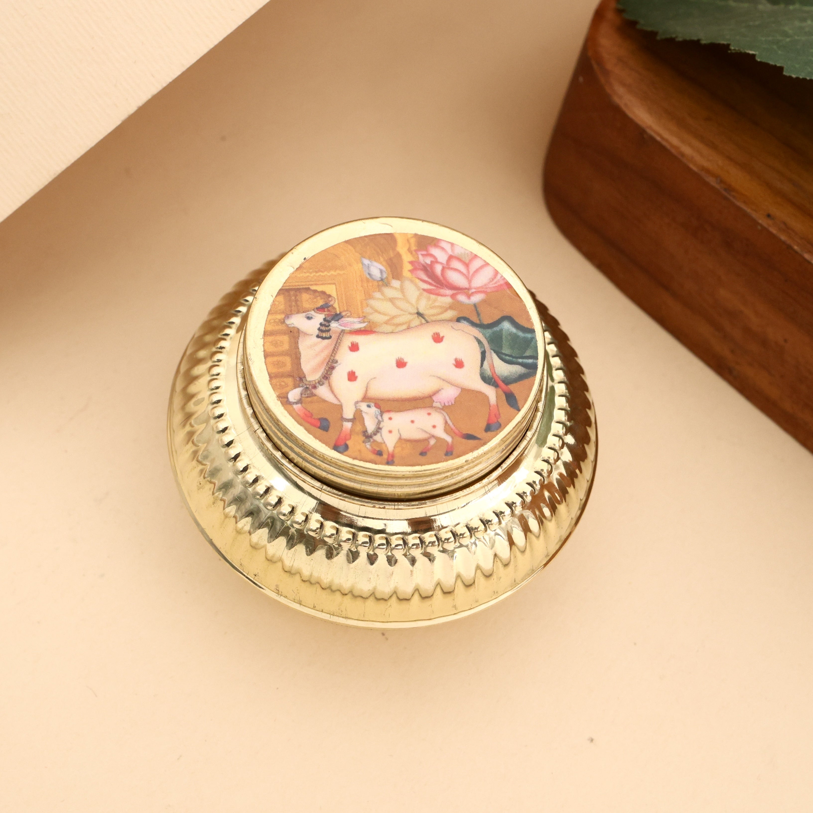 Brass Matki Haldi/Kumkum Dabbi - Sindoor Box  (Assorted Prints)