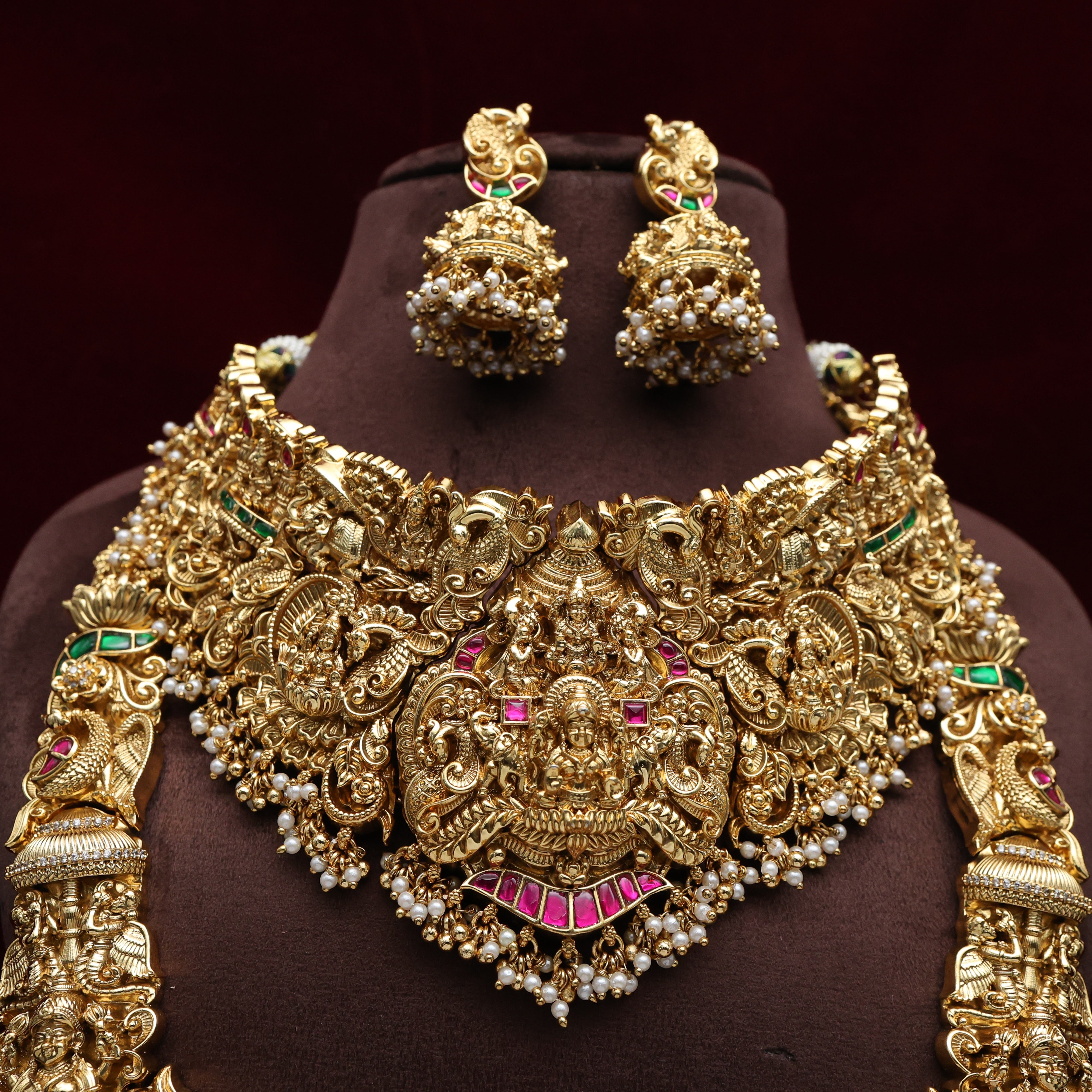 Premium Heavy Real Kemp Rice Pearls Nagasi Lakshmi Bridal Set