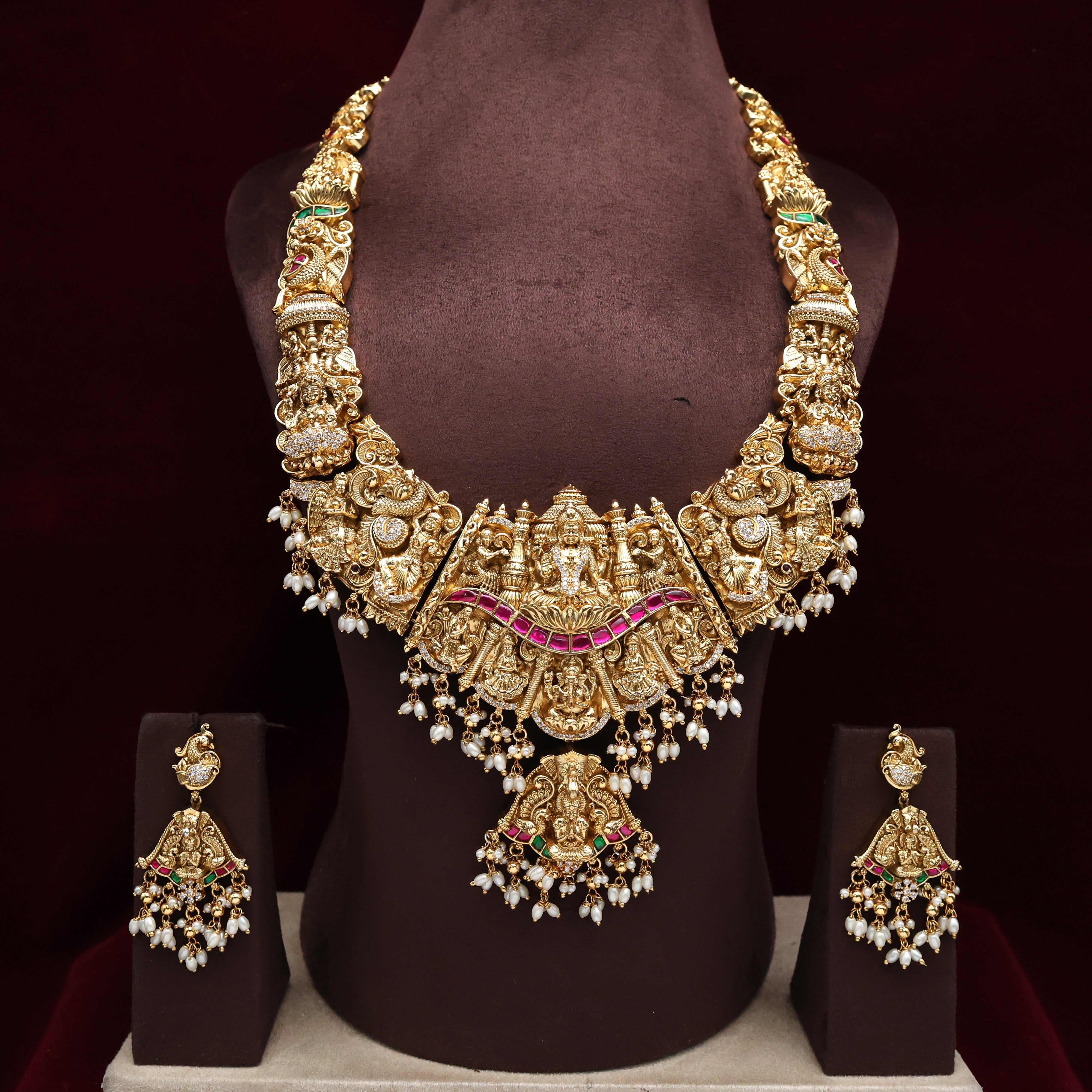 Premium Heavy Real Kemp Rice Pearls Nagasi Lakshmi Bridal Set