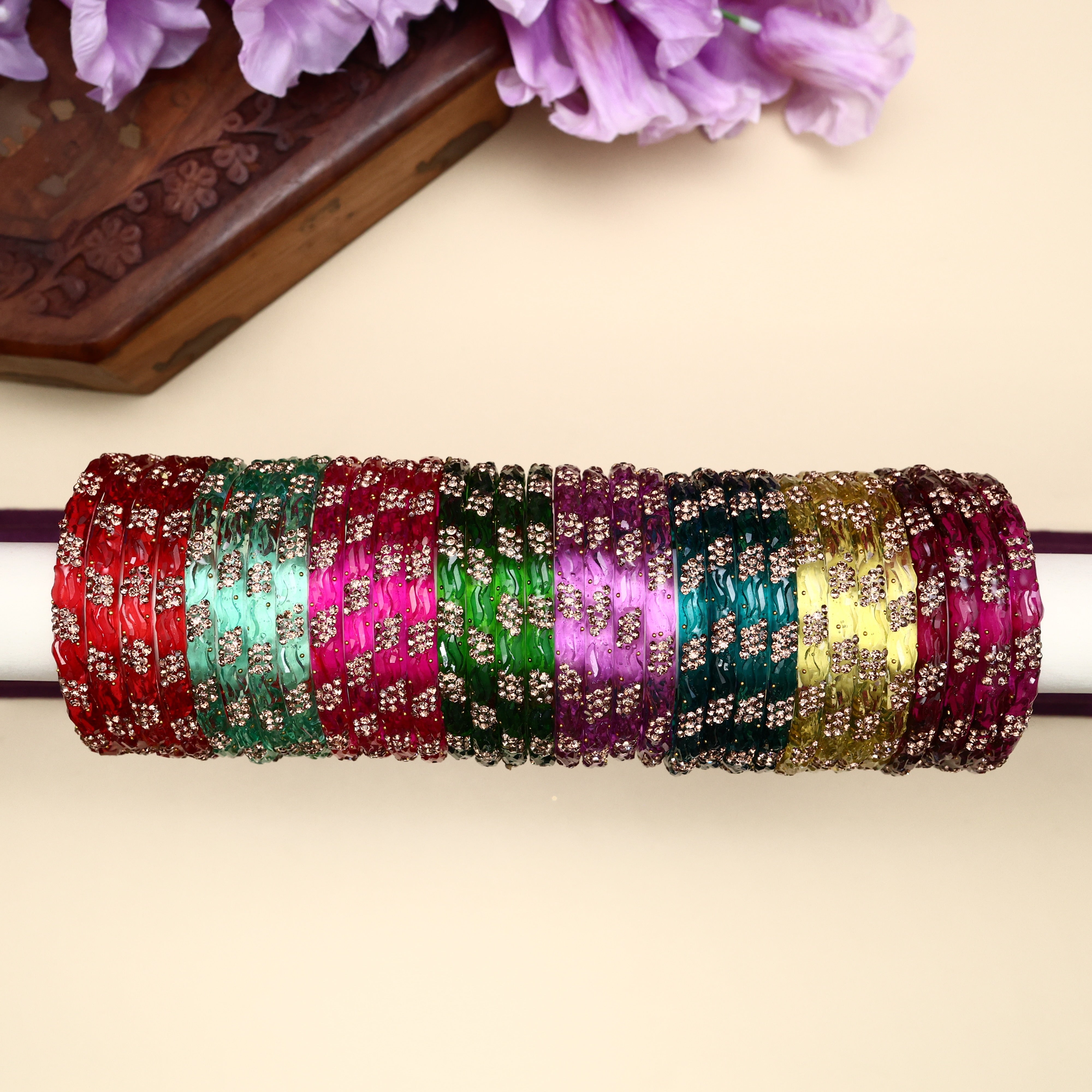 Set of 4 Thick Stonework Kada Glass Bangles Combo - 8 Sets