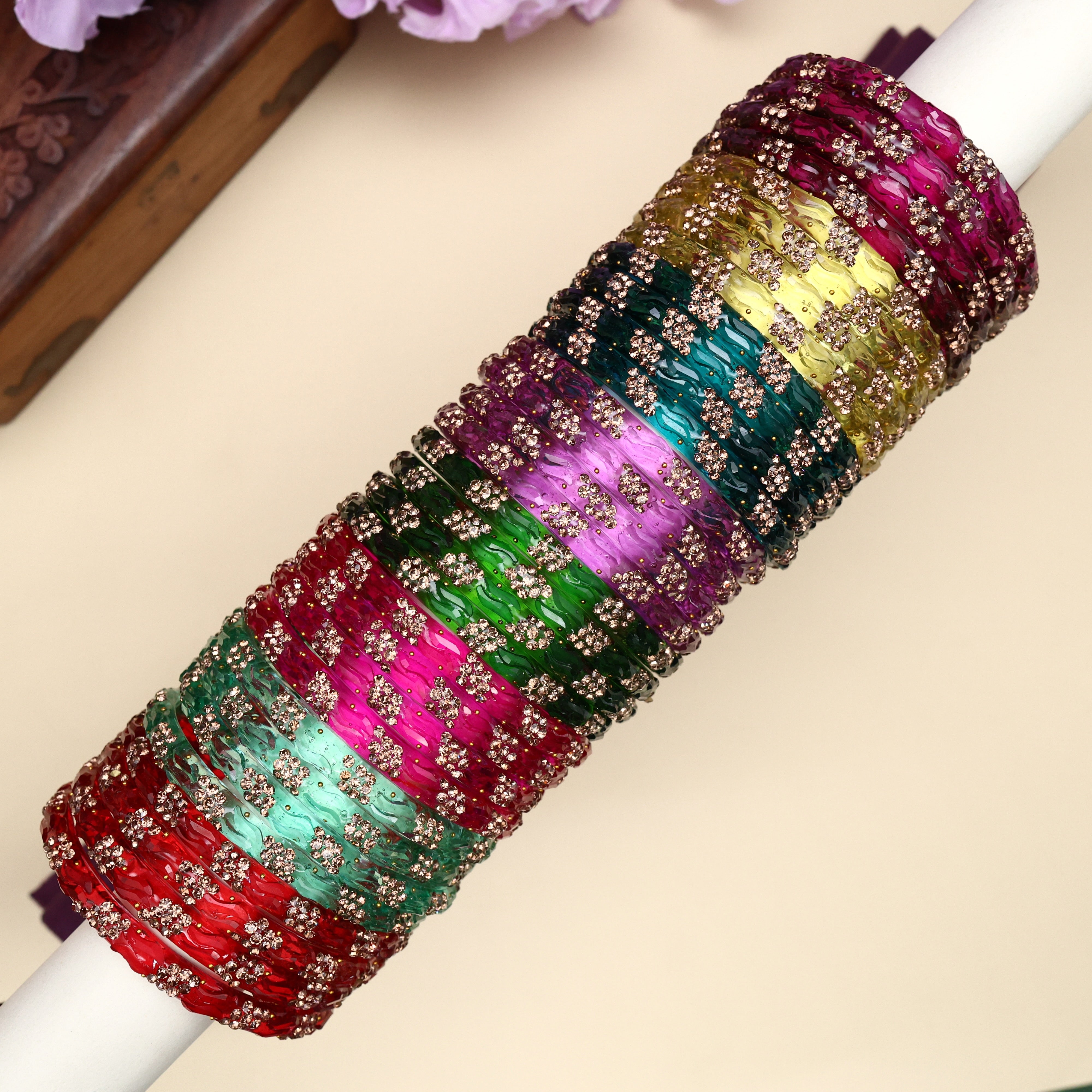 Set of 4 Thick Stonework Kada Glass Bangles Combo - 8 Sets
