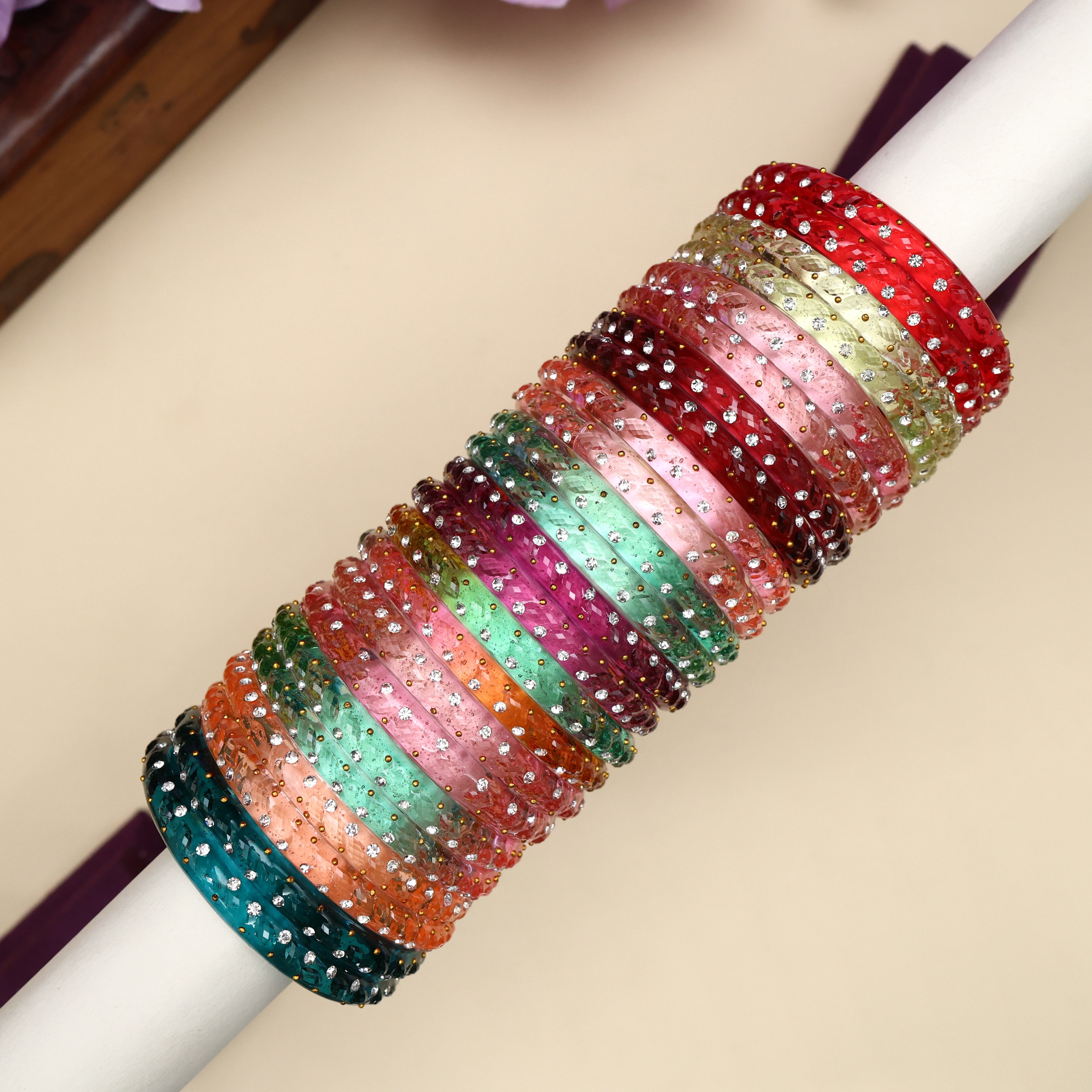 Premium Thick Stonework Kada Glass Kids Bangles Combo - 12 Pairs