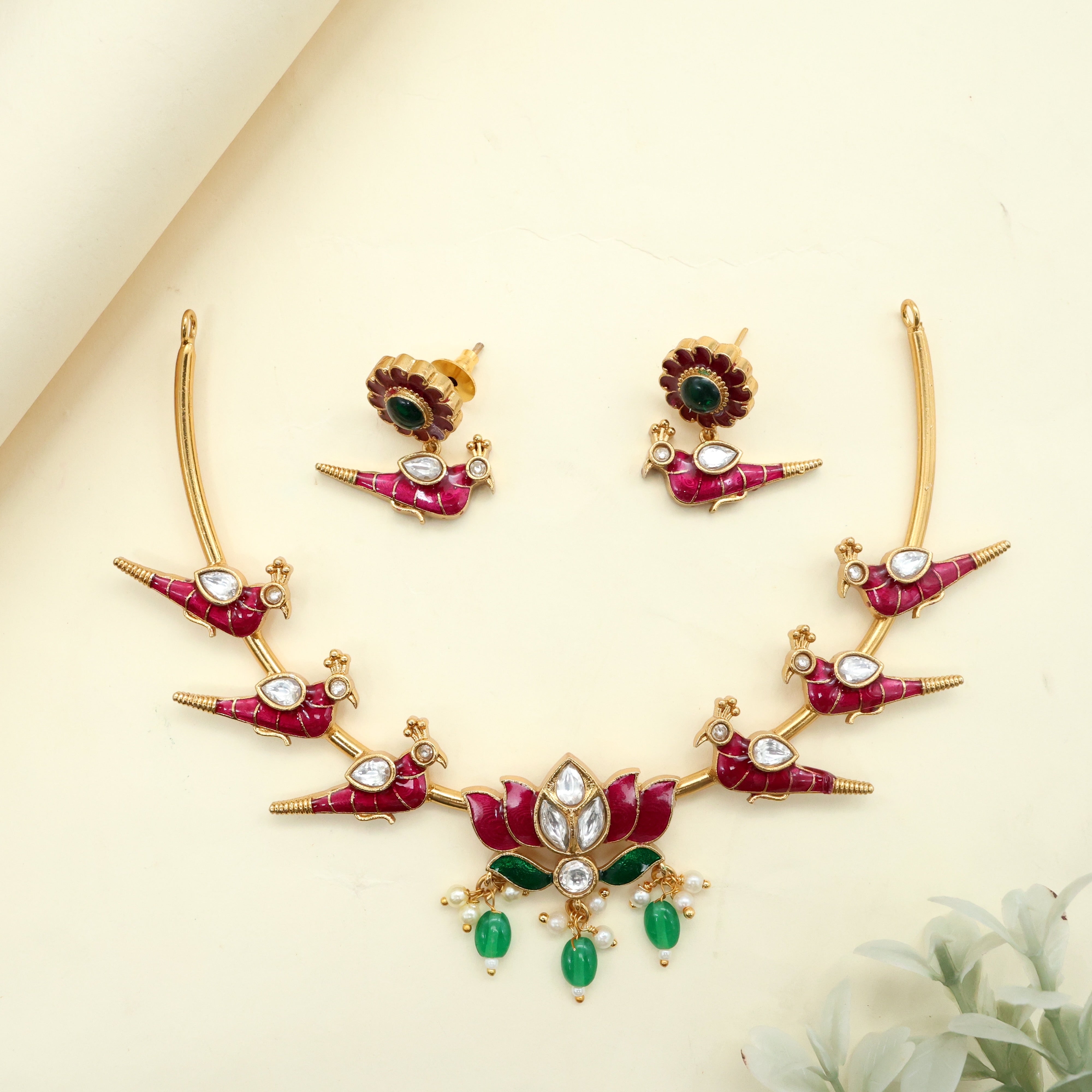 Antique Enamel Lotus Birds Hasli Necklace Set