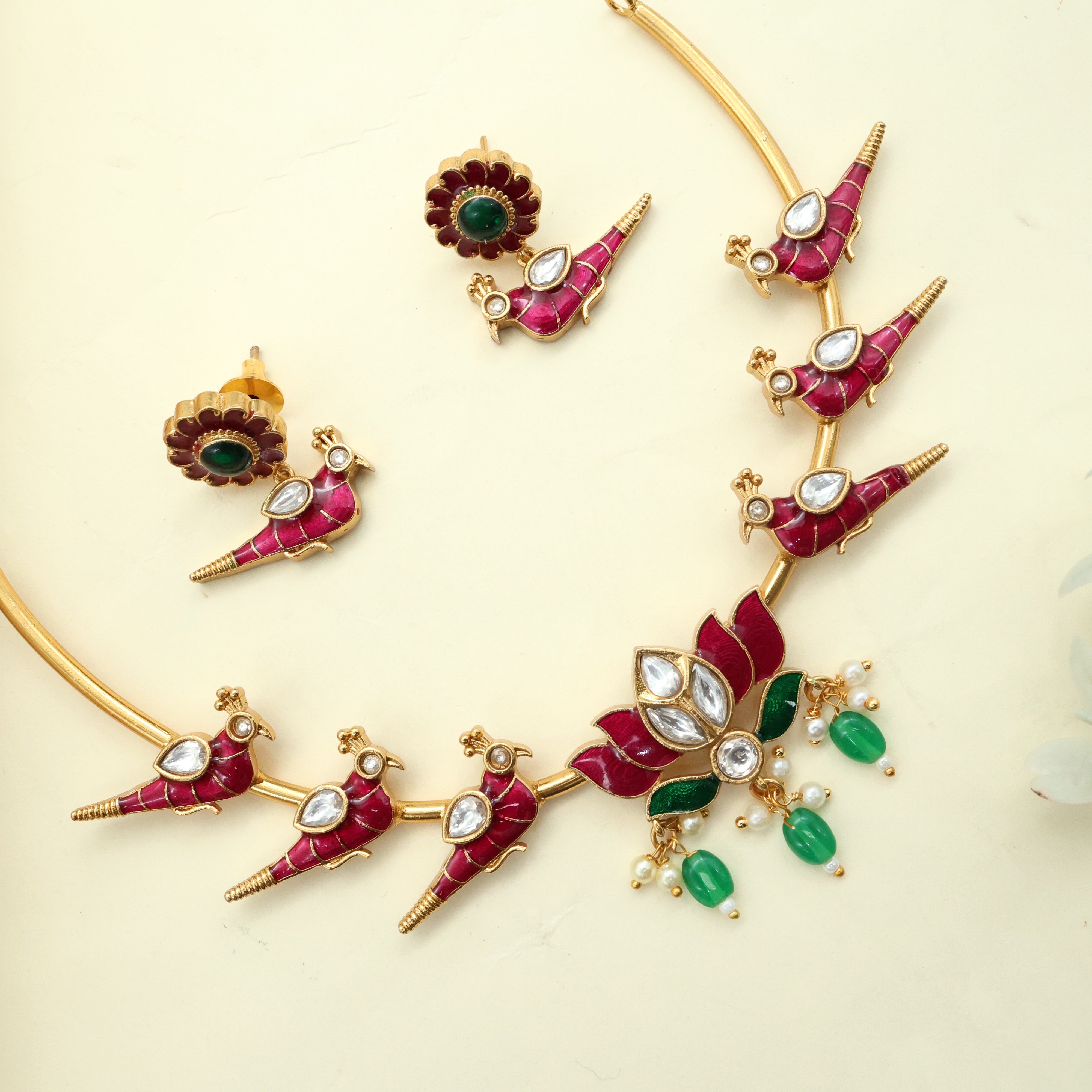 Antique Enamel Lotus Birds Hasli Necklace Set