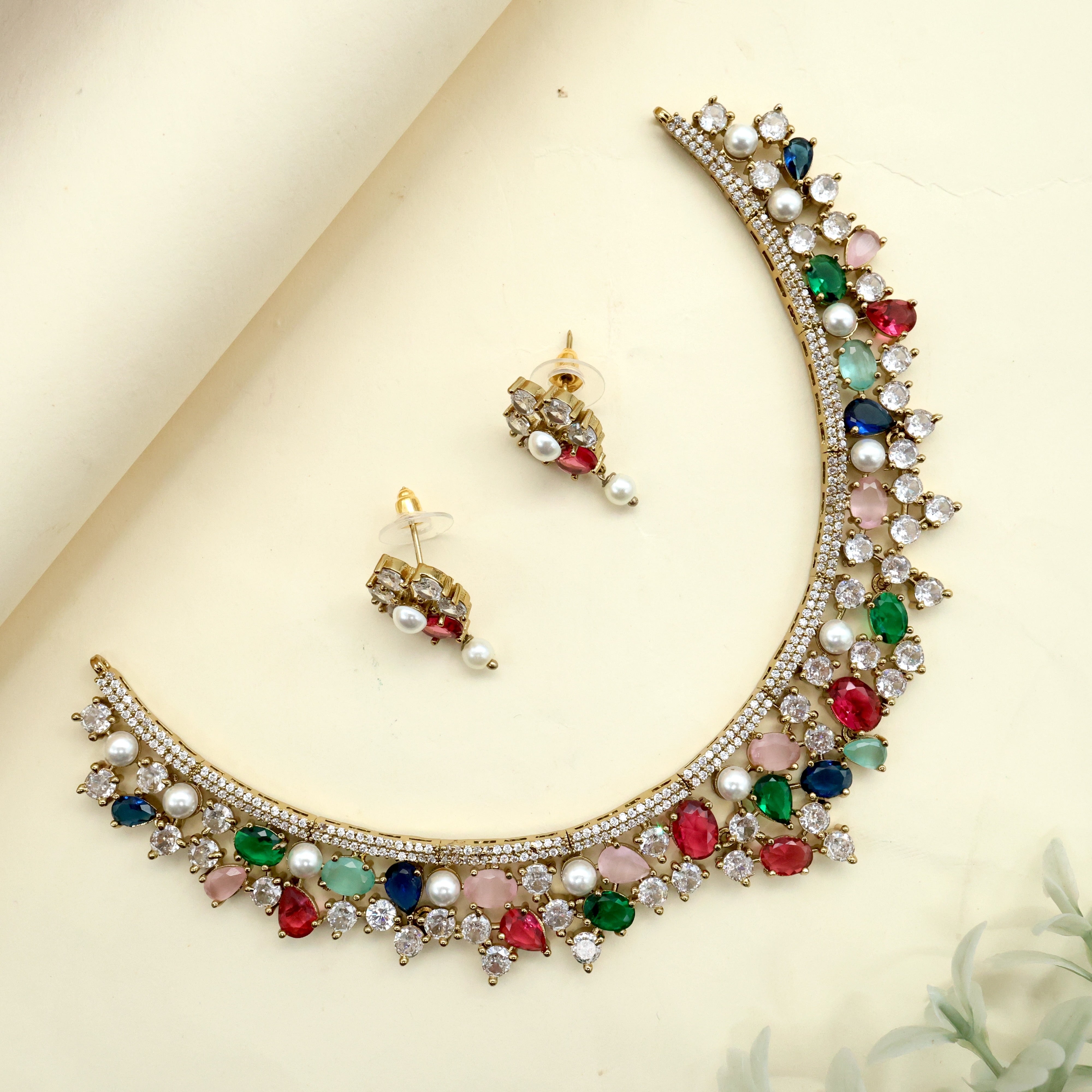 Two Tone AD Multi Colour Bridal Necklace Set