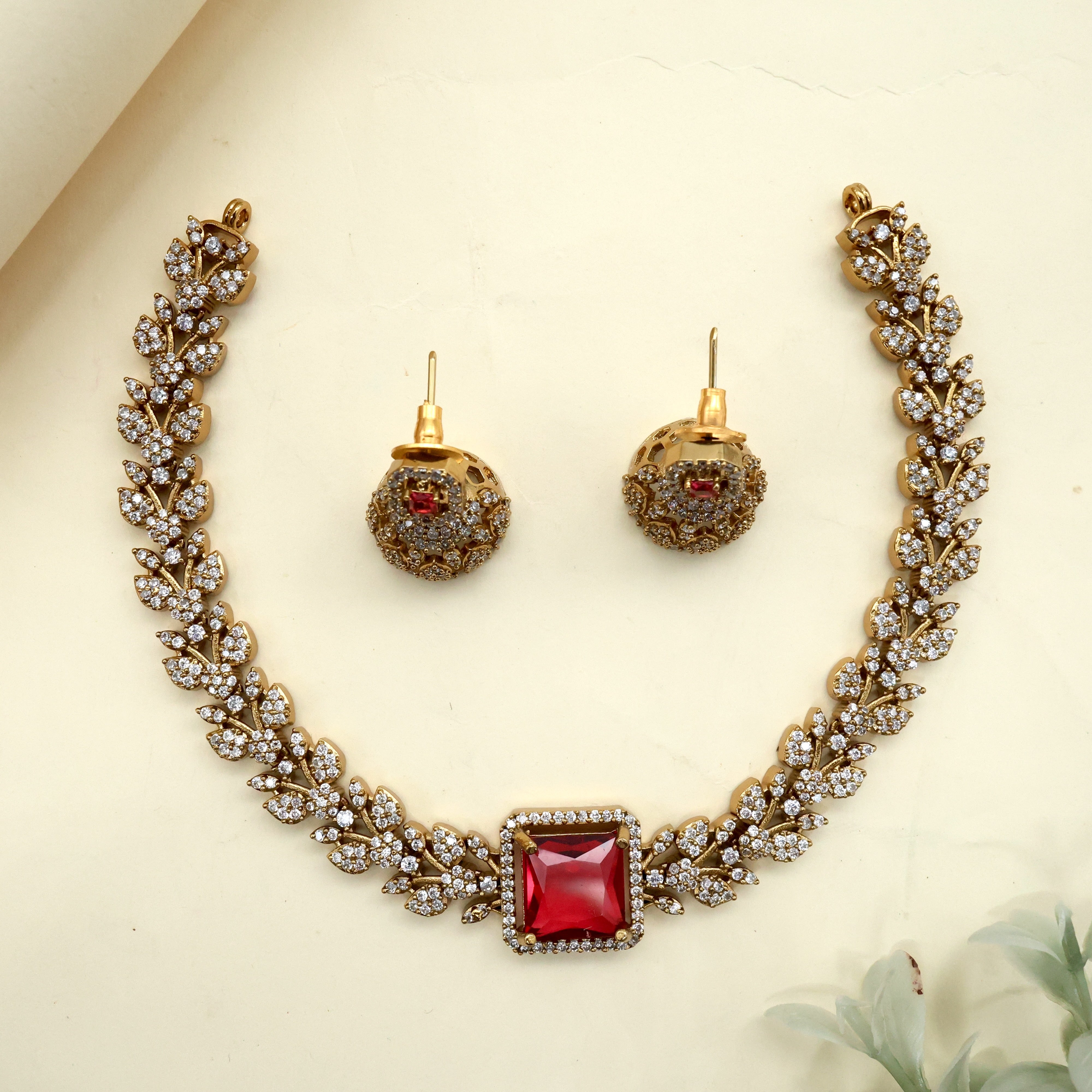 Diamond Look AD No Figure No Idol Square Pedant Leaf Vine Necklace Set - Ruby