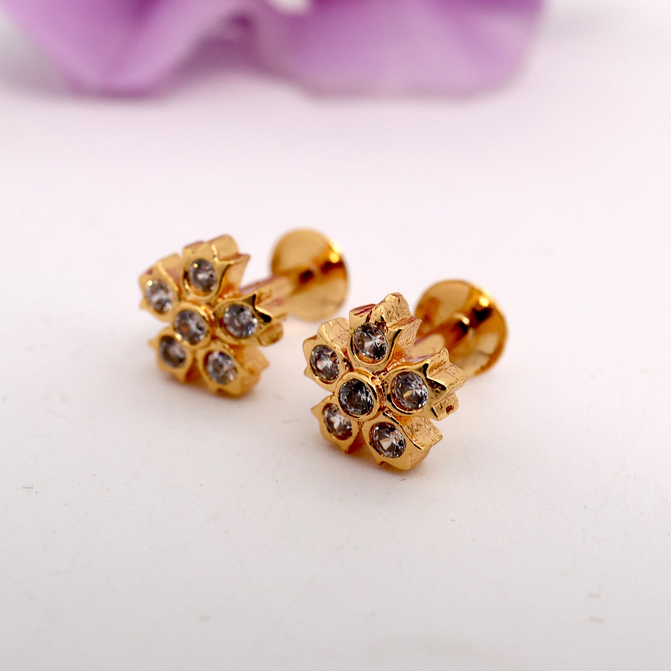 Diamond Look Micro Gold 5 Petal Flower Small Baby Studs