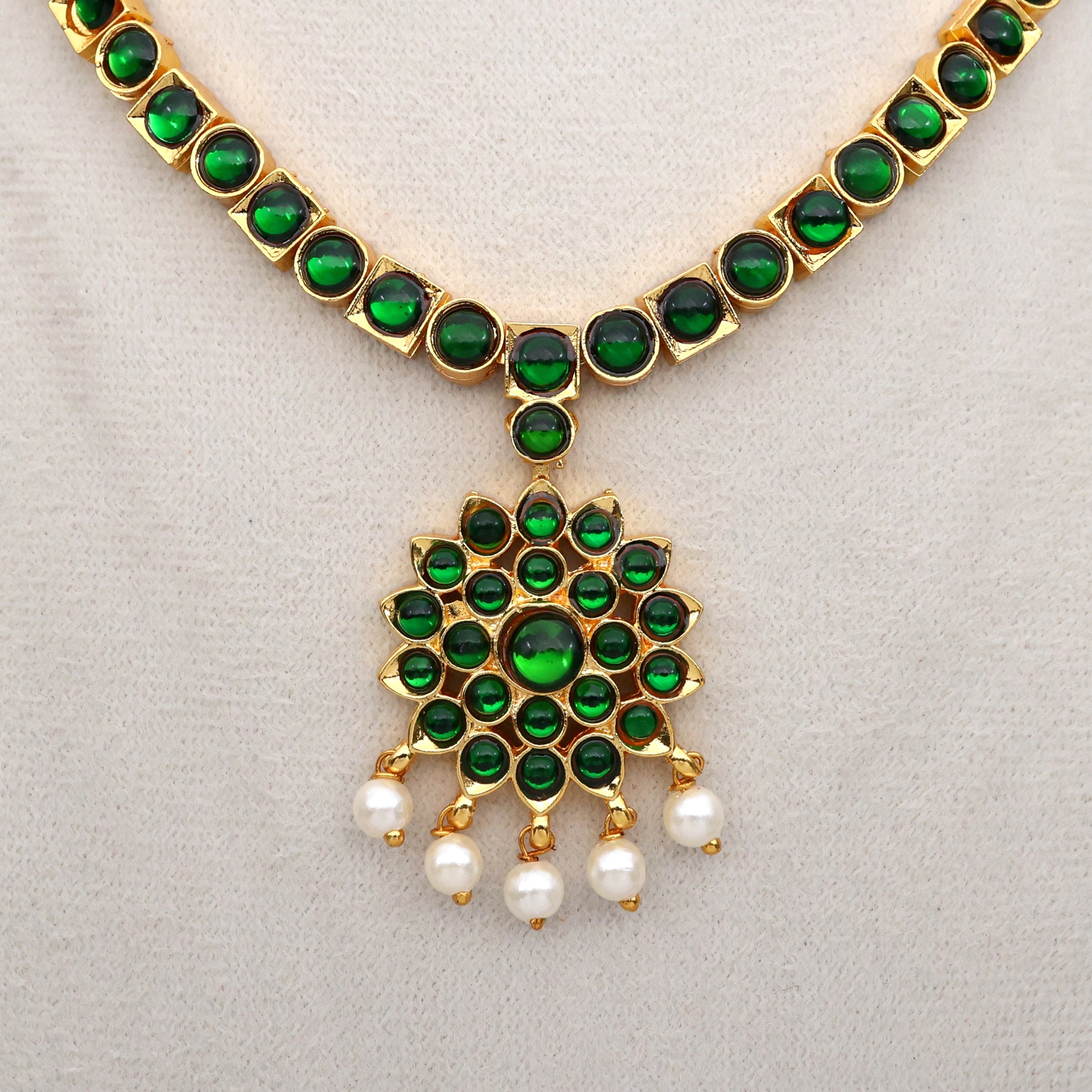 Budget Friendly Gold Tone Square Stones Flower Pendant Attigai Necklace - Green
