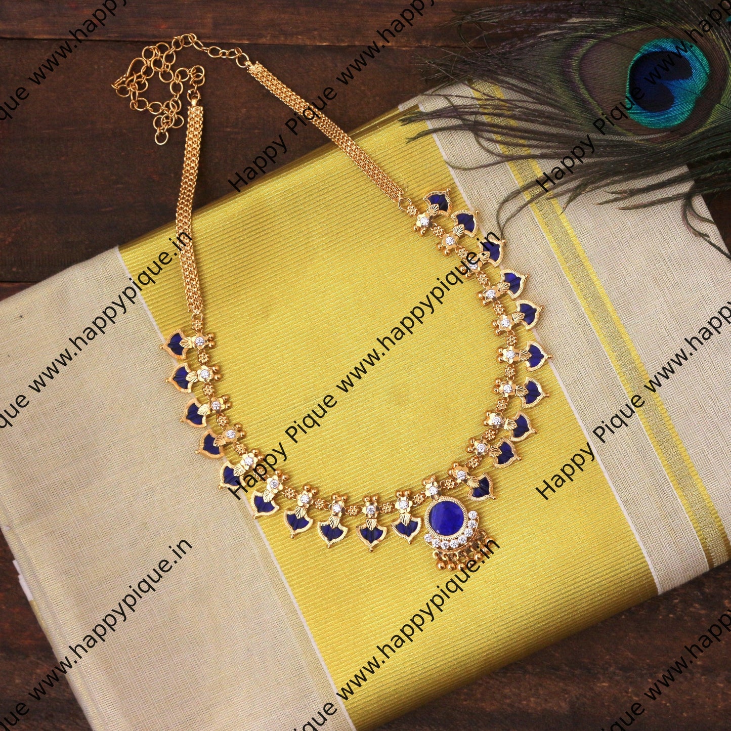 Real Gold Tone Traditional Kerala AD Palakka Necklace - Blue