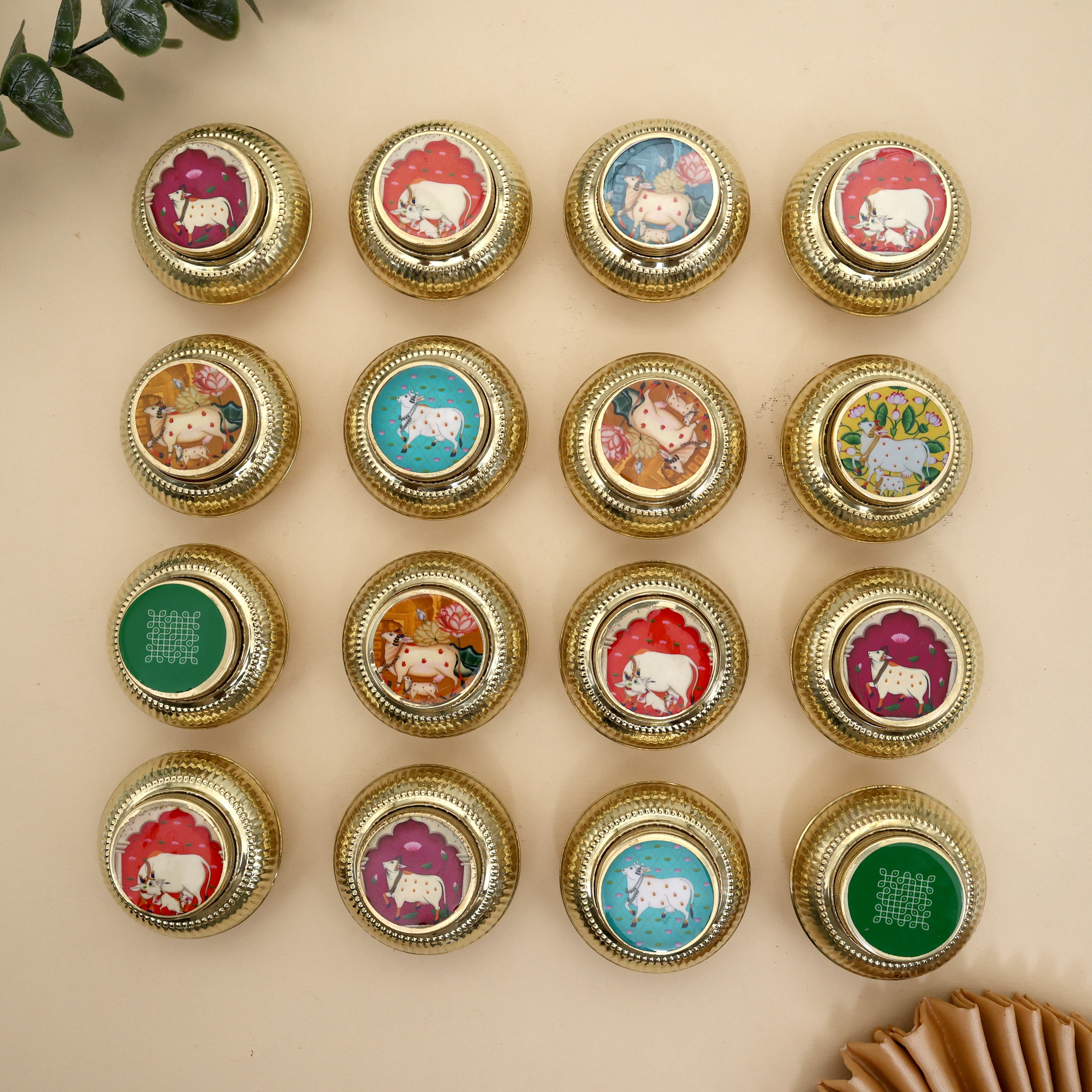 Brass Matki Haldi/Kumkum Dabbi - Sindoor Box  (Assorted Prints)