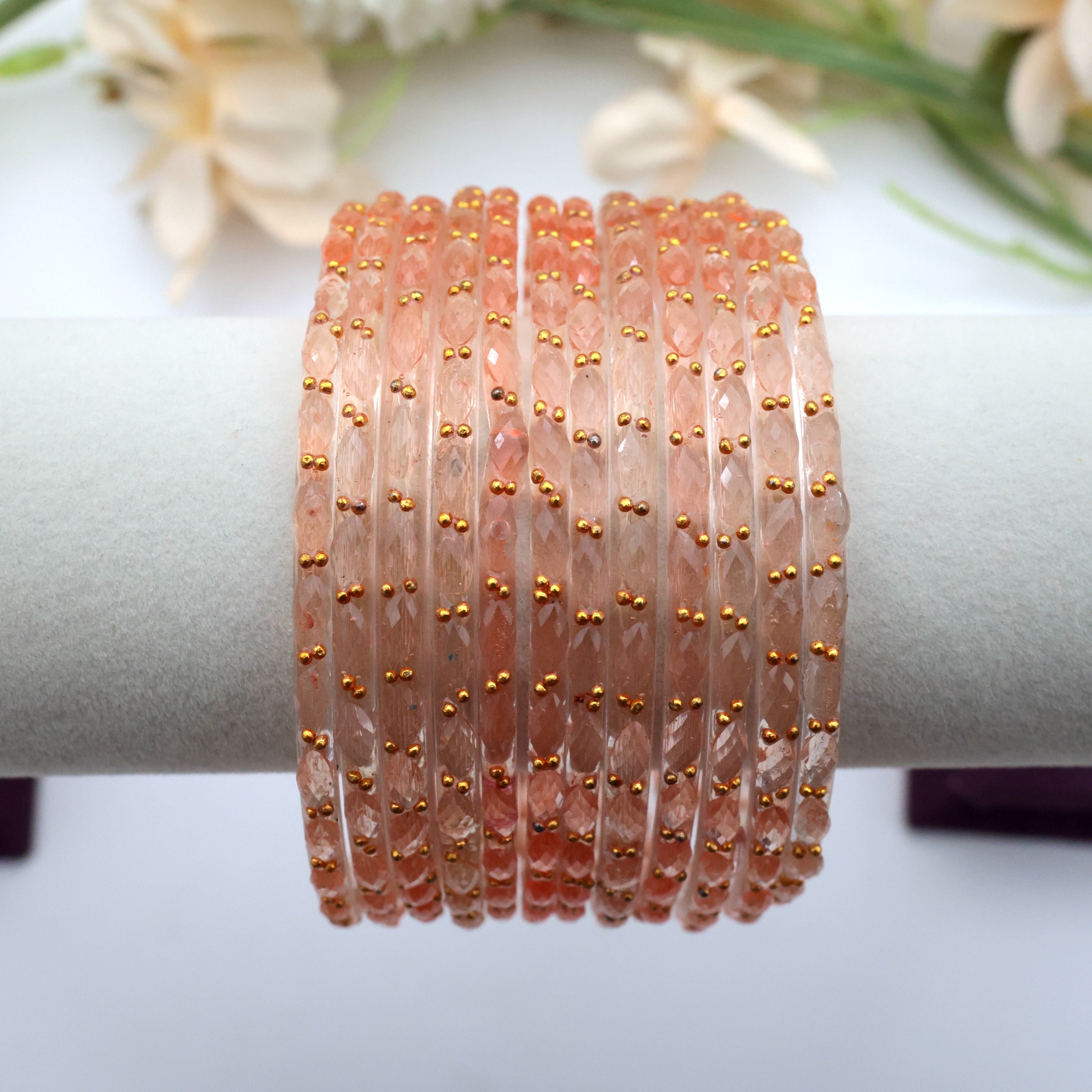 RAINDROP CRYSTAL CUT GLASS BANGLES - PEACH