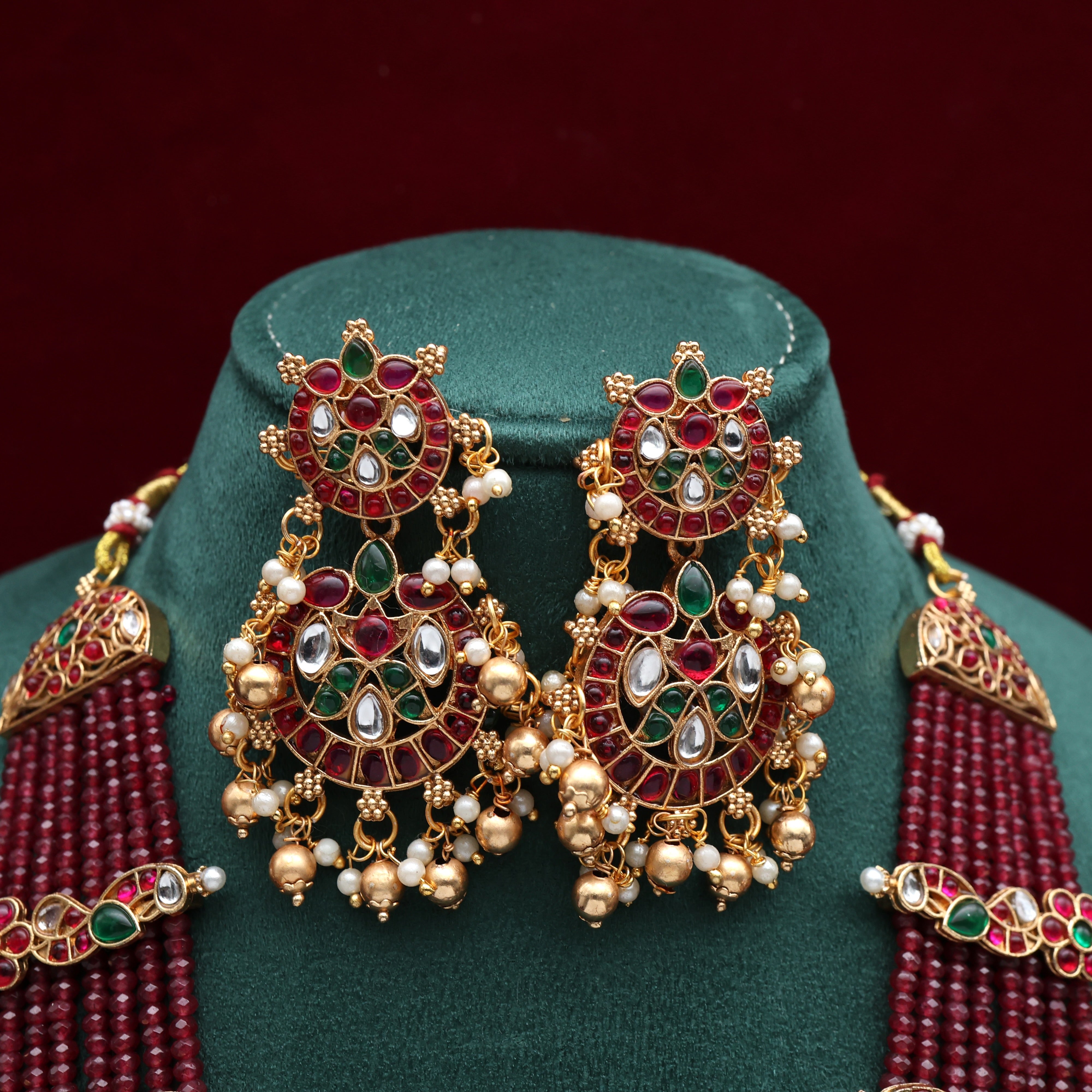 Budget Friendly 8 Lines Crystal Beads Kemp Mid Length Necklace Set - Maroon