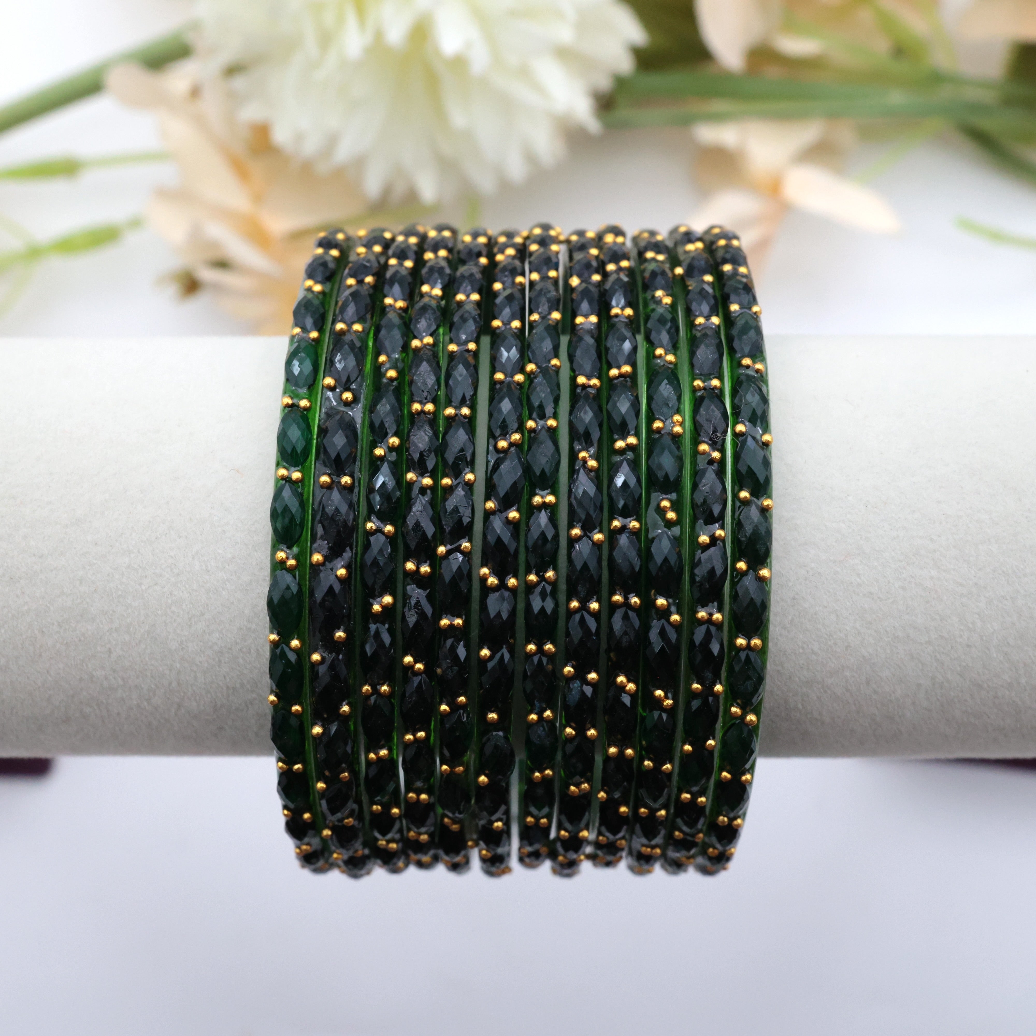 RAINDROP CRYSTAL CUT GLASS BANGLES - BLACKISH GREEN